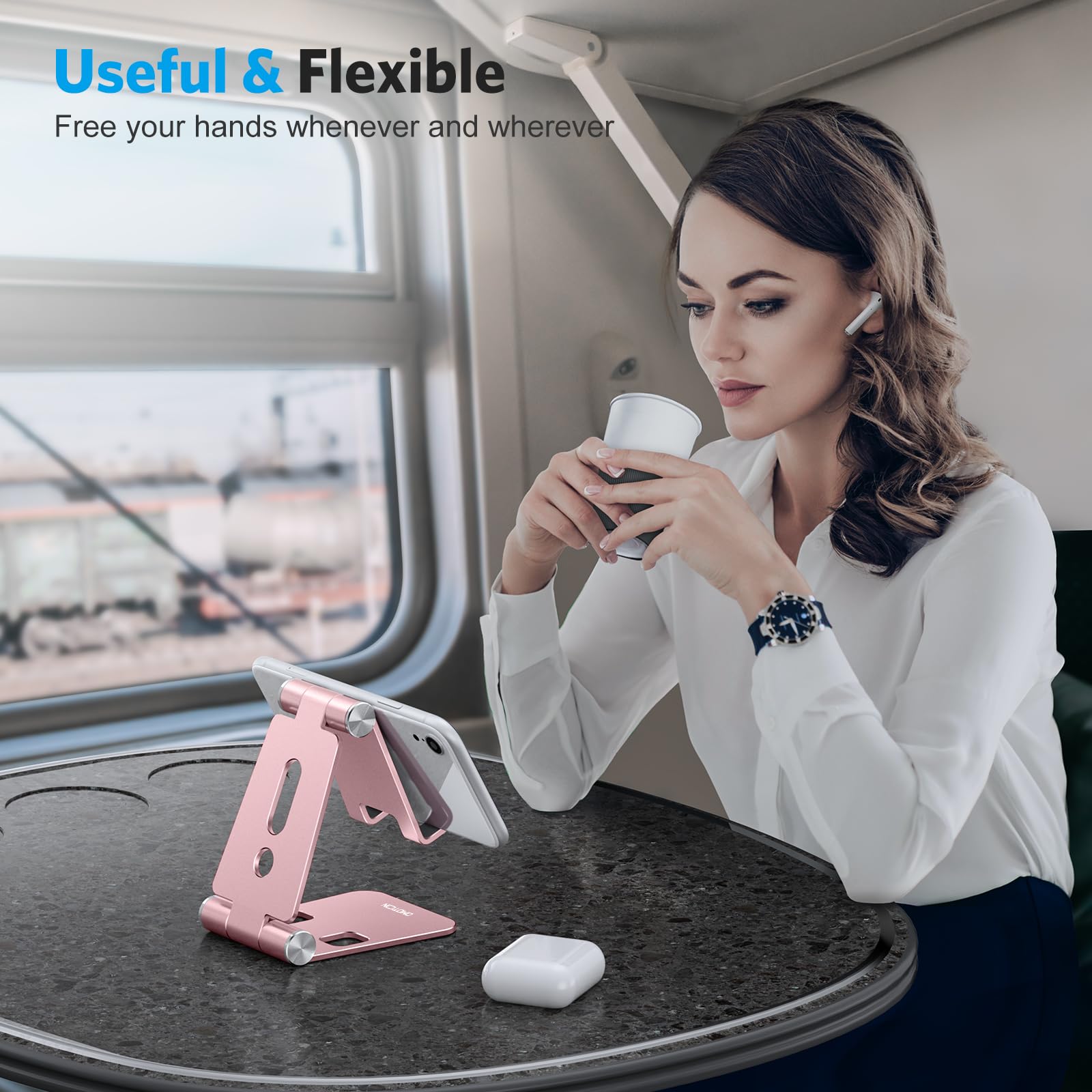 OMOTON Foldable Cell Phone Stand, C4 Portable Aluminum Phone Holder, Adjustable Phone Dock Cradle for iPhone 17/16/15 Pro Max Air, Small Tablets, All Smart Phones for Women Men Gift, Silver