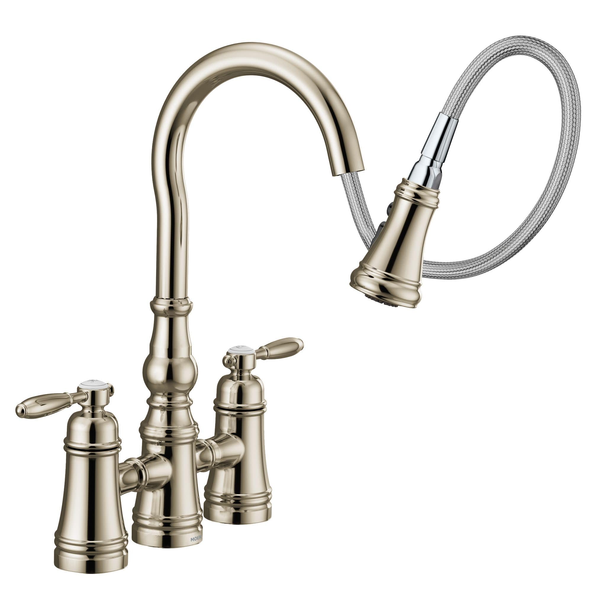 Moen Brushed Gold Weymouth Two Handle Pulldown Bridge Kitchen Faucet, S73204BG