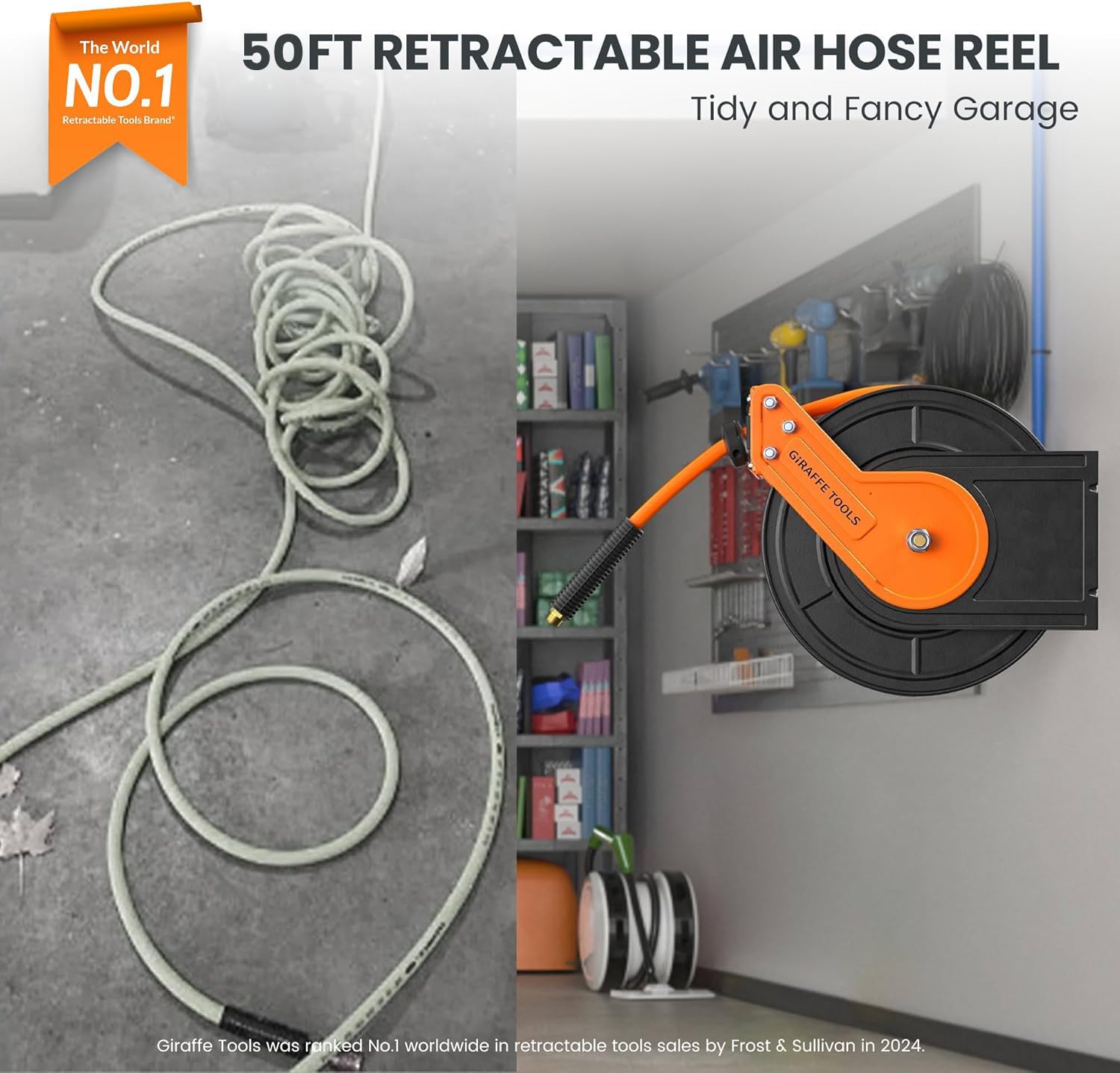 Giraffe Tools Retractable Air Hose Reel, 3/8" Hybrid Hose, Air Compressor Heavy Duty Steel Reel Auto Rewind 300PSI, Wall Mount, 25ft