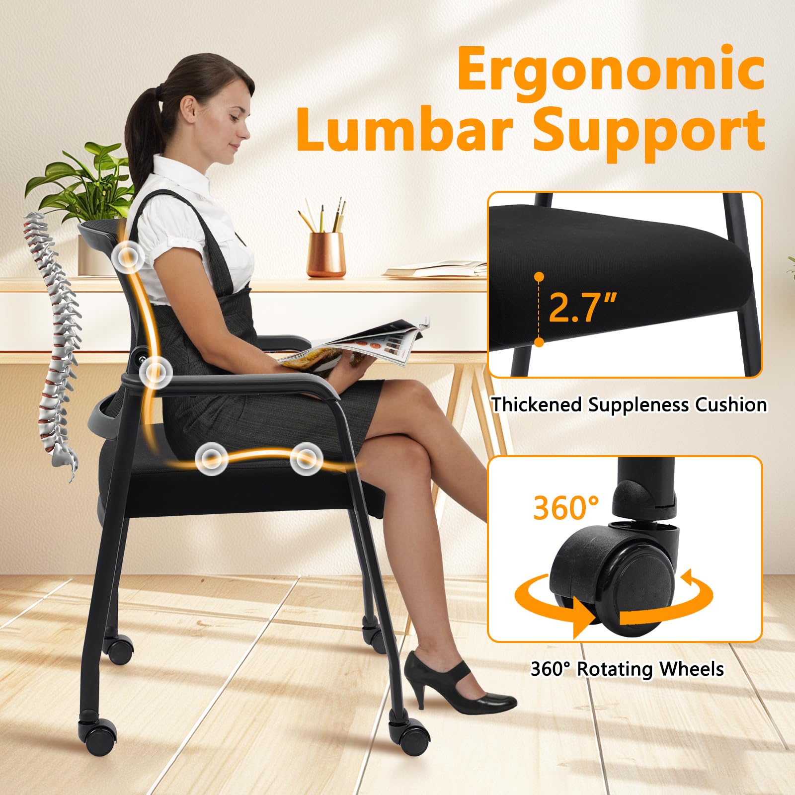 KLASIKA Desk Chair No Wheels with Adjustable Mesh Backrest, Arm Chair with Ergonomic Lumbar Support and Thickened Seats Cushion, Waiting Room Chairs for Office School Church Guest Reception