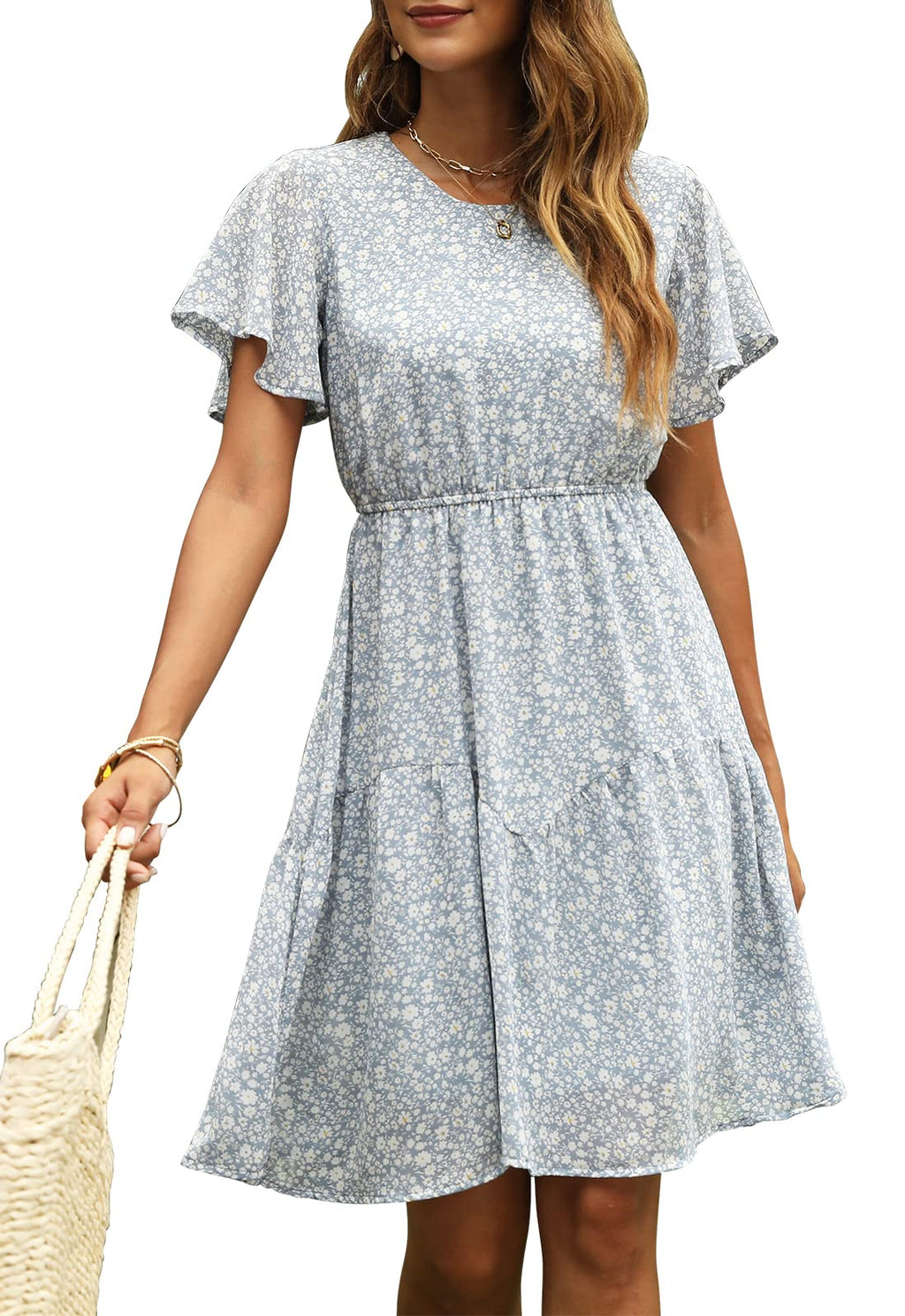Manydress Women's Chiffon Floral Dresses Casual Summer Boho Flutter Sleeve Flowy Skater Western Dress MY112