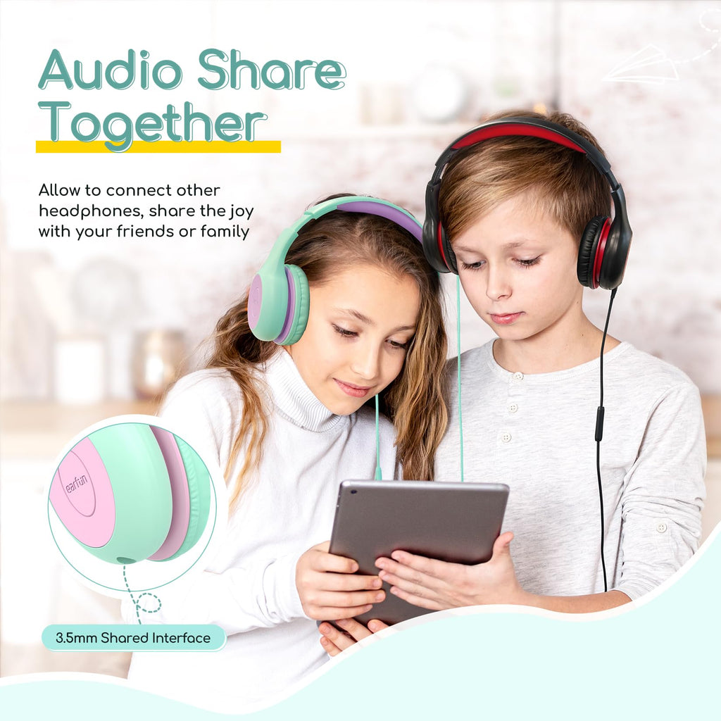 EarFun K1 Kids Headphones Wired with Microphone, 85/94dB Volume Limit Headphones for Kids, Portable Wired Headphone with Shareport, Stereo Sound Foldable Headset for School/Tablet/iPad, Black Red