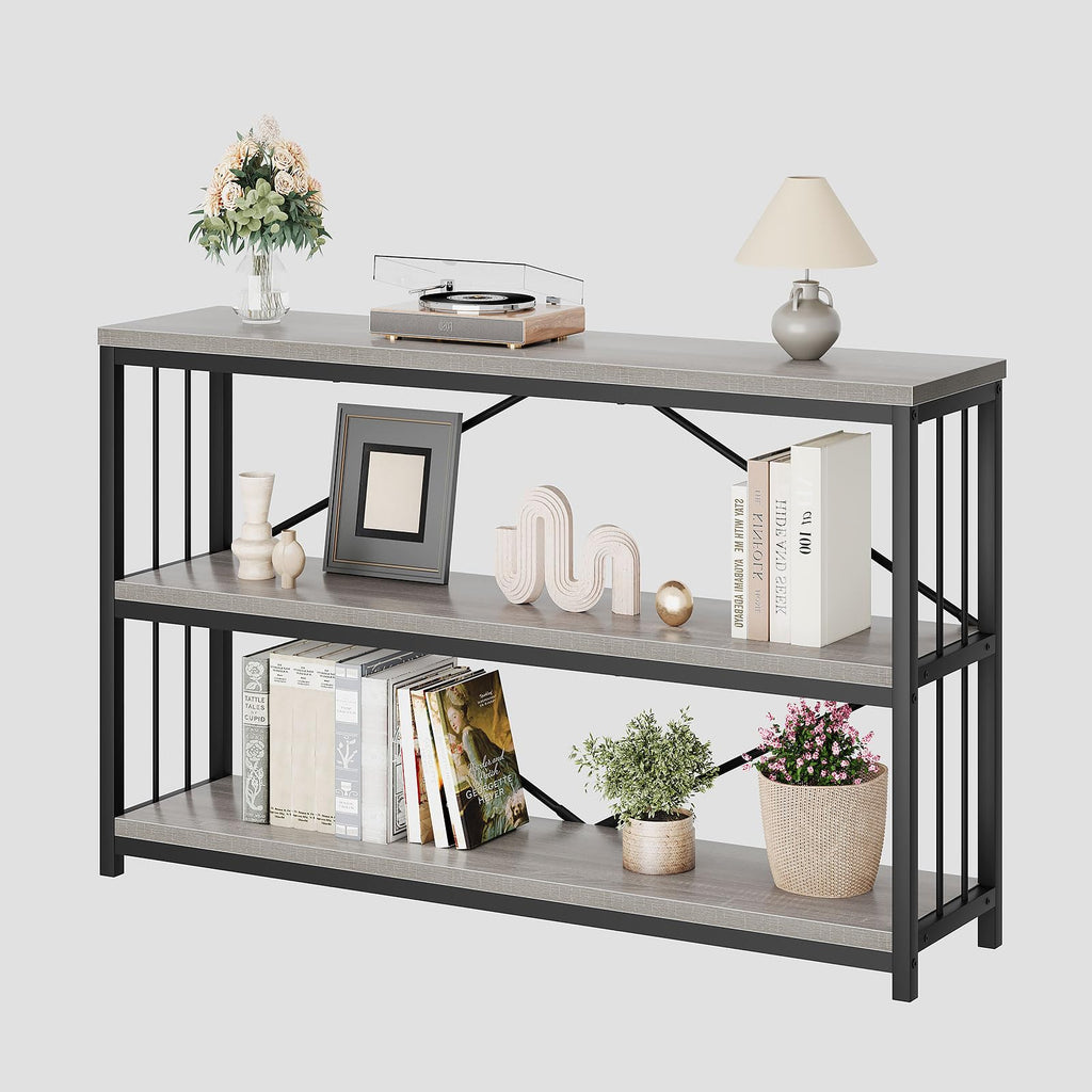 LVB Black Console Table, Modern Entryway Table for Hallway Living Room, Industrial Sofa Table Behind Couch, Farmhouse Wooden Metal Entry Table for Foyer with 3-Tier Storage Shelves, Black Oak, 55 Inch