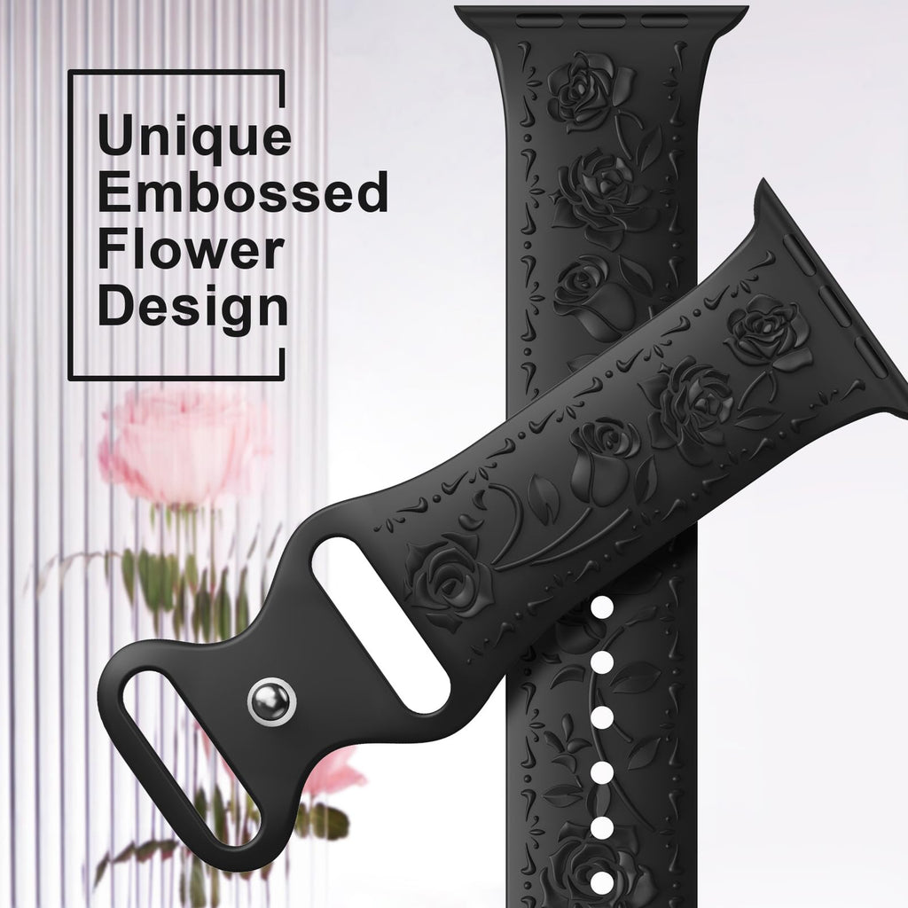 Floral Engraved Band Compatible with Apple Watch Band 40mm 41mm 38mm 42mm 44mm 45mm 46mm 49mm Women, Soft Silicone Cute Embossed Flower Strap for iWatch Band Series SE Ultra 11 10 9 8 7 6 5 4 3 2 1
