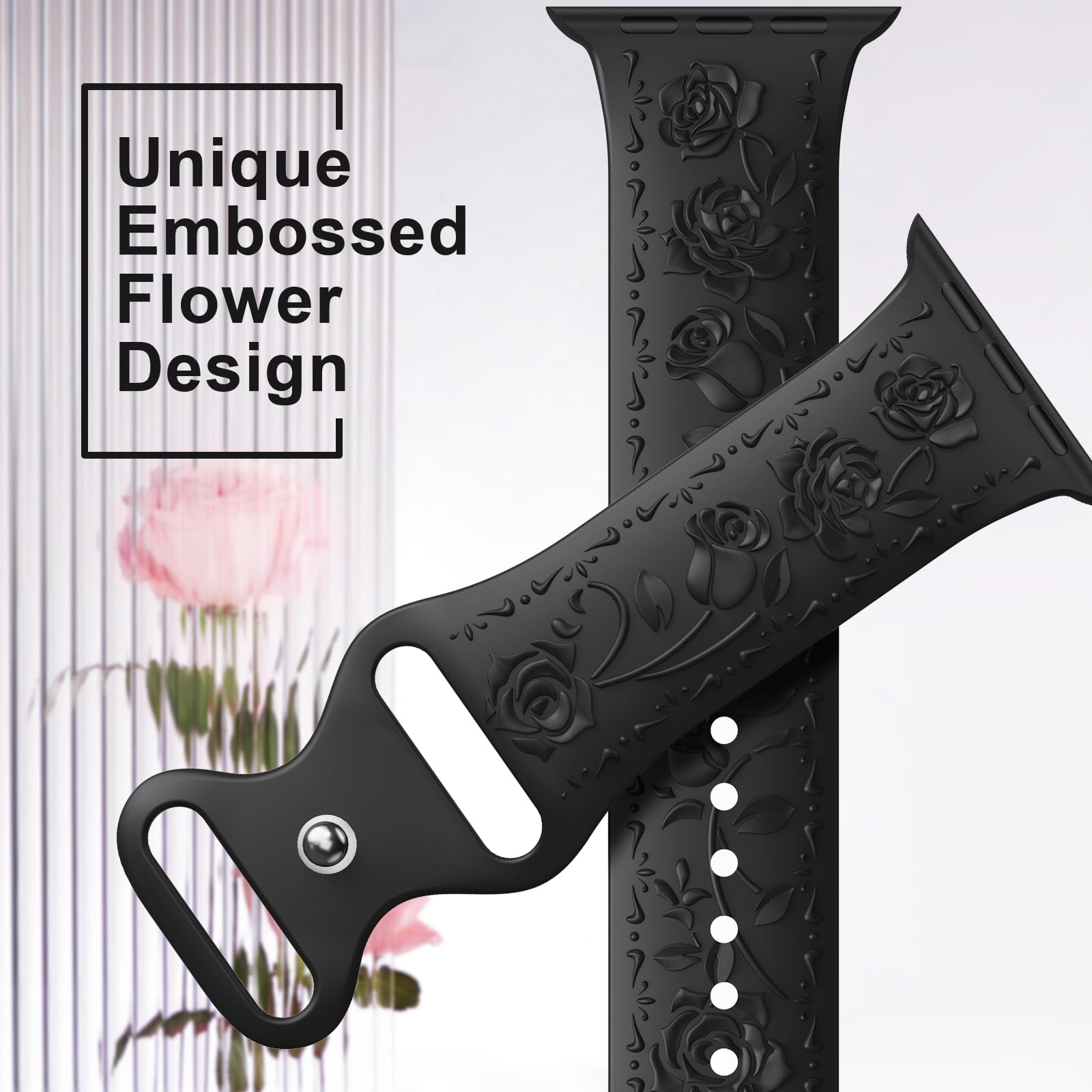 Floral Engraved Band Compatible with Apple Watch Band 40mm 41mm 38mm 42mm 44mm 45mm 46mm 49mm Women, Soft Silicone Cute Embossed Flower Strap for iWatch Band Series SE Ultra 11 10 9 8 7 6 5 4 3 2 1