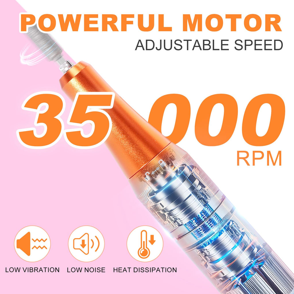 MEKK Nail Drill Kit,35000RPM Electric Nail Drill Professional Electric Nail File with 12PCS Bits,Anti-Shaking Cordless E Filer for Nails with LCD Display,Home & Salon (Orange Blue)