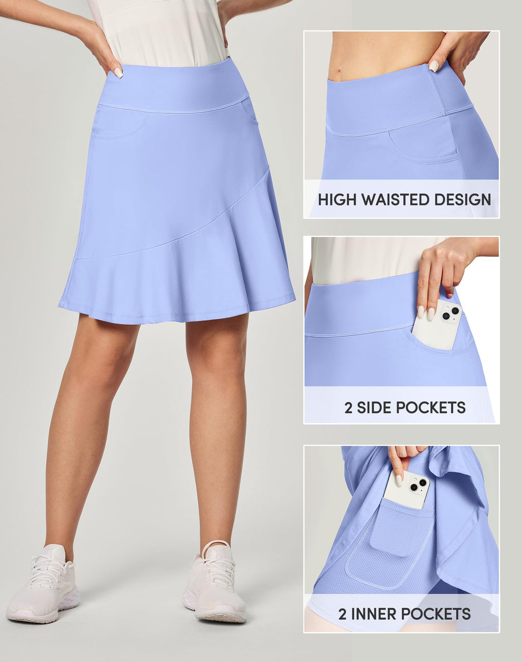 IUGA Ruffle Knee Length Skorts for Women with Pockets High Waisted Skirt with Shorts Underneath for Golf Athletic 20''