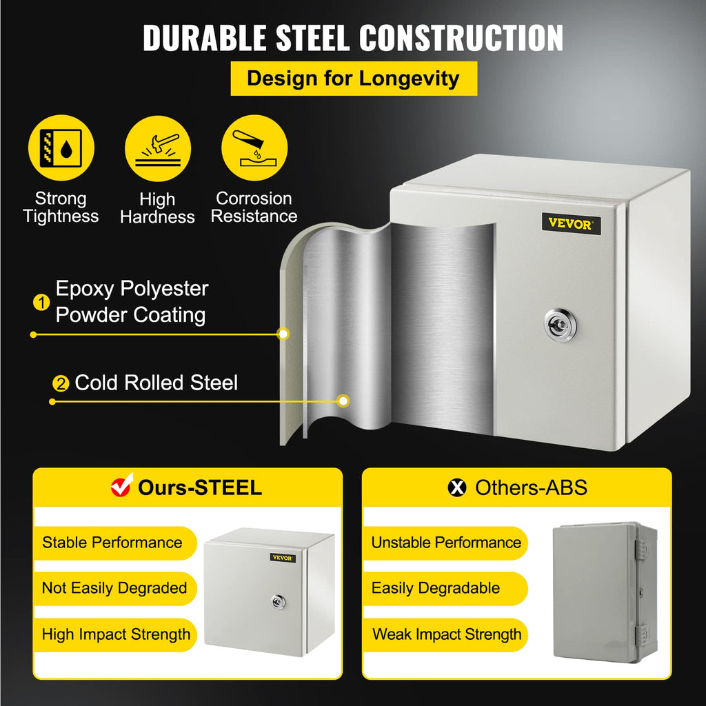 VEVOR NEMA Steel Enclosure, 8" x 8" x 6" NEMA 4X Steel Electrical Box, IP66 Waterproof & Dustproof, Outdoor/Indoor Electrical Junction Box, with Mounting Plate