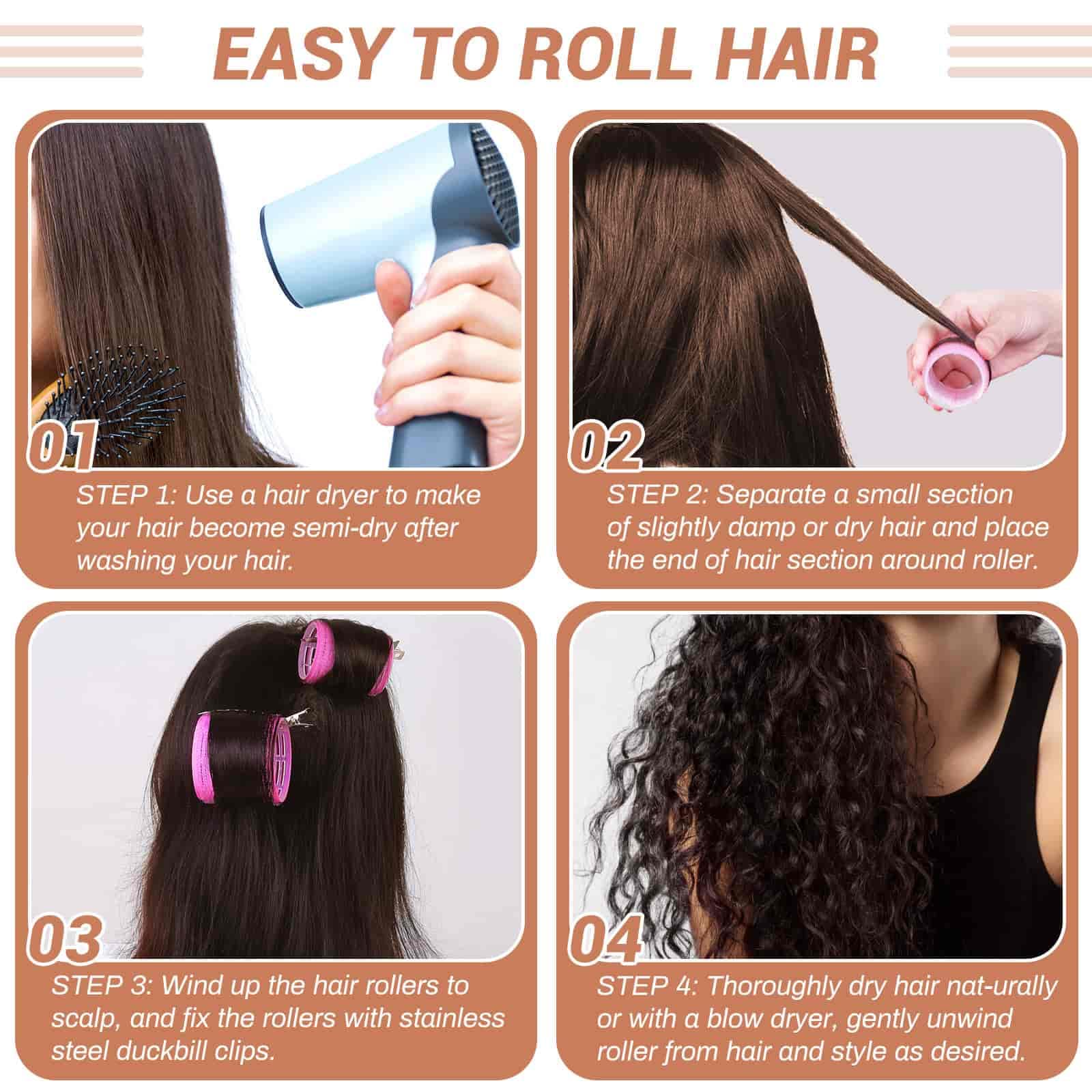 Self Grip Hair Rollers and Curlers Set - 24 Pieces with 3 Sizes (4 Jumbo, 4 Large, 4 Medium) and 12 Clips for Long, Short, Thick, Fine Hair Styling