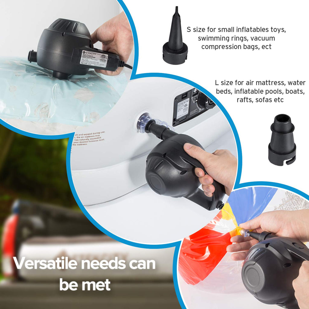 Etekcity Air Pump for Inflatables, Portable Electric Air Mattress Pump, Quick-Fill Perfect Inflator/Deflator for Couch, Blow up Pool Floats Raft Bed Boat Toy with Nozzles, 110-120V, Black