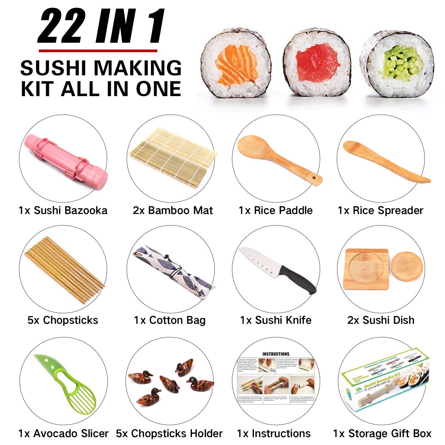 SmileTools Sushi Making Kit, 22pcs Roller Maker for Beginners With Guide Book, Bazooka, Knife, Mat, Avocado Slicer, Chopsticks, Sauce Dishes & More - Sushi Lover's Gift