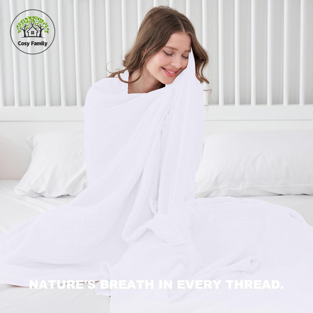 Cosy Family 4 Layer Muslin Bed Blanket - Breathable and Lightweight Gauze Boho Blanket for Spring, Soft 100% Cotton Muslin Blanket, Brown, 55x80 Inches