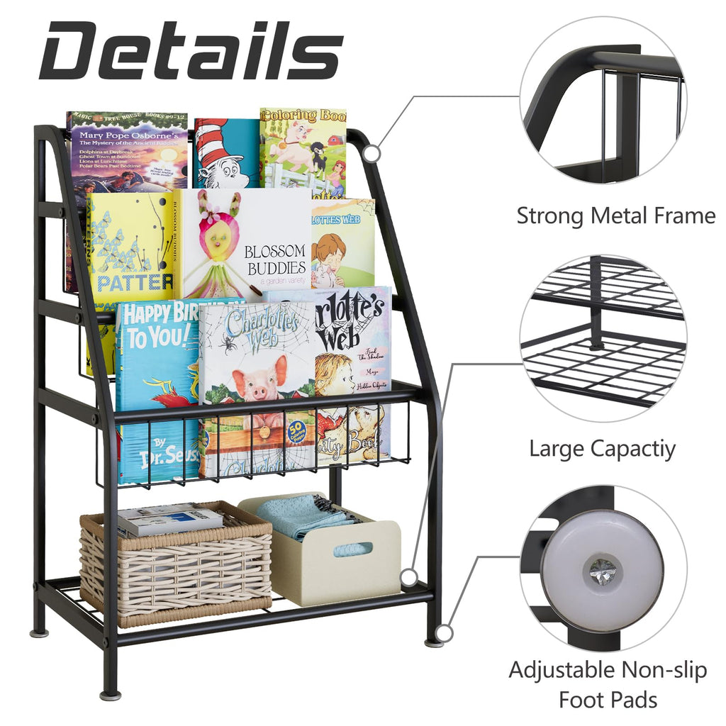 aboxoo Metal Kids Bookshelf Black Large Freestanding for Children Room 32 in Toy Organizer Large Stable Bookcase Bookstore Library Book Unit Storage Kids Bed Living Room