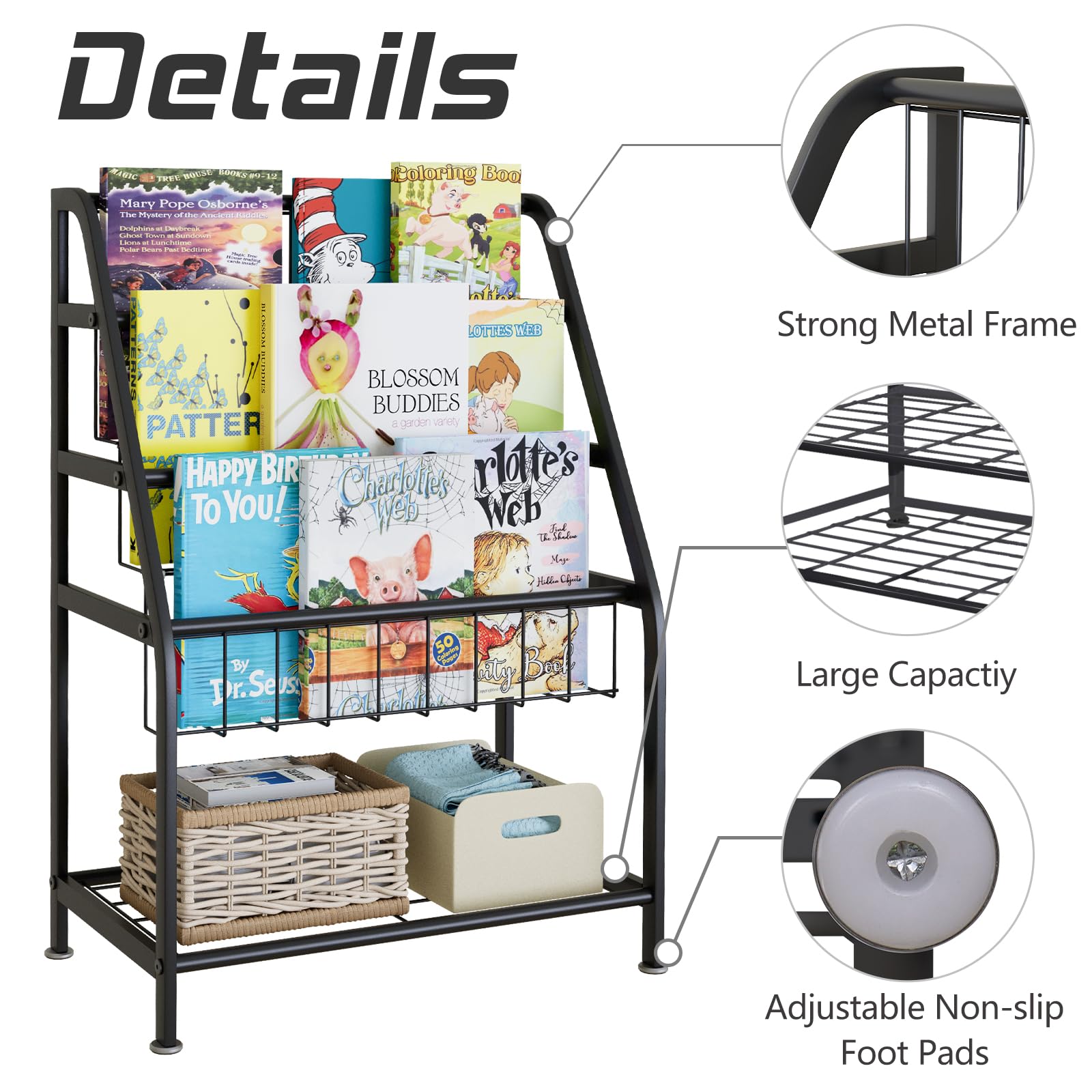aboxoo Metal Kids Bookshelf Black Large Freestanding for Children Room 32 in Toy Organizer Large Stable Bookcase Bookstore Library Book Unit Storage Kids Bed Living Room