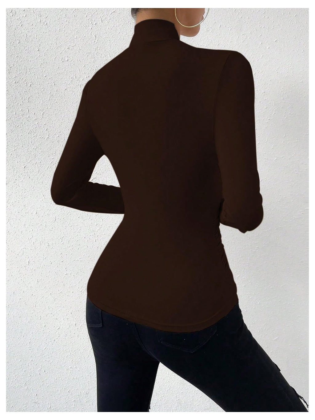 SweatyRocks Women's Ruched Mock Neck Long Sleeve T Shirt Solid Slim Fitted Tee Tops