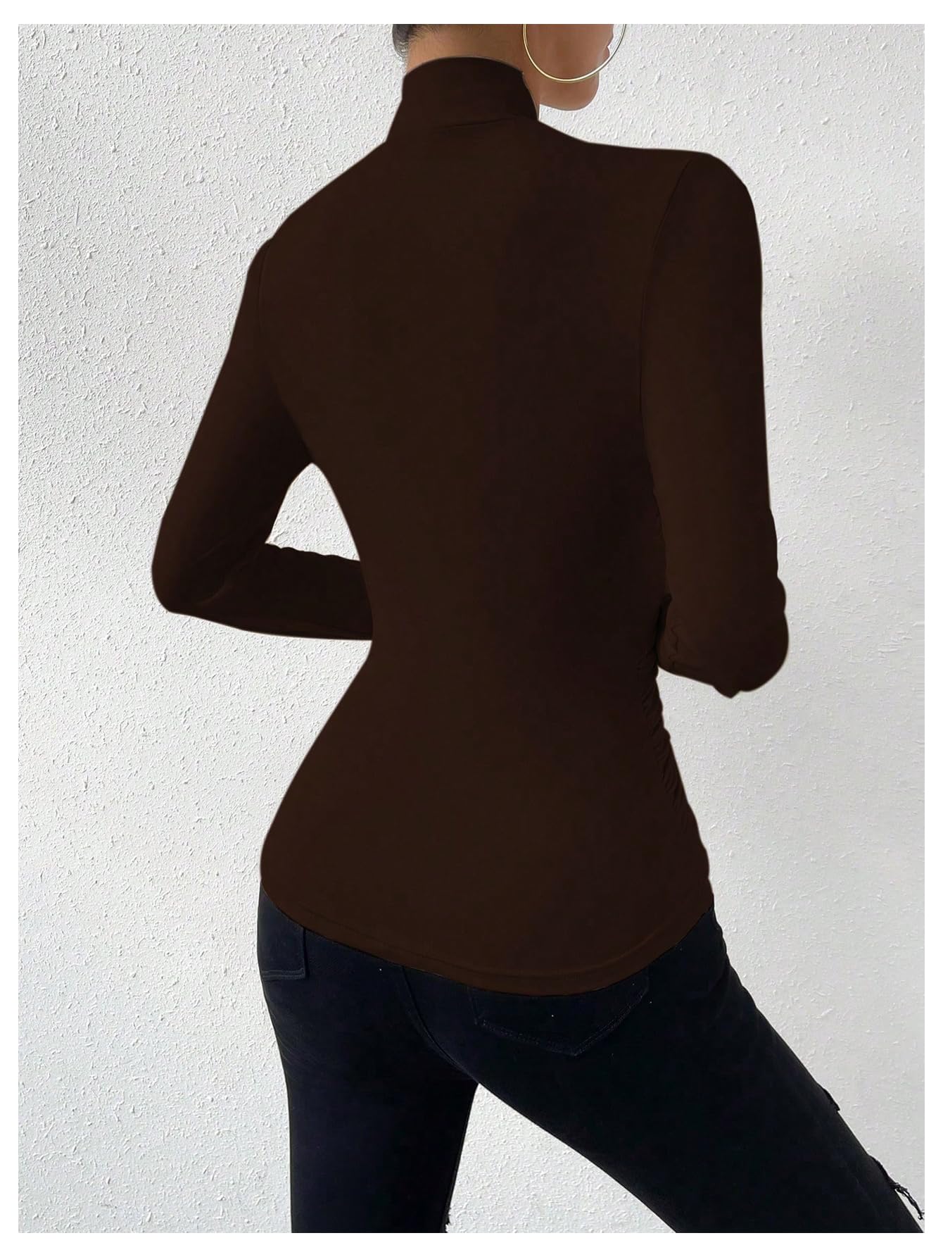 SweatyRocks Women's Ruched Mock Neck Long Sleeve T Shirt Solid Slim Fitted Tee Tops