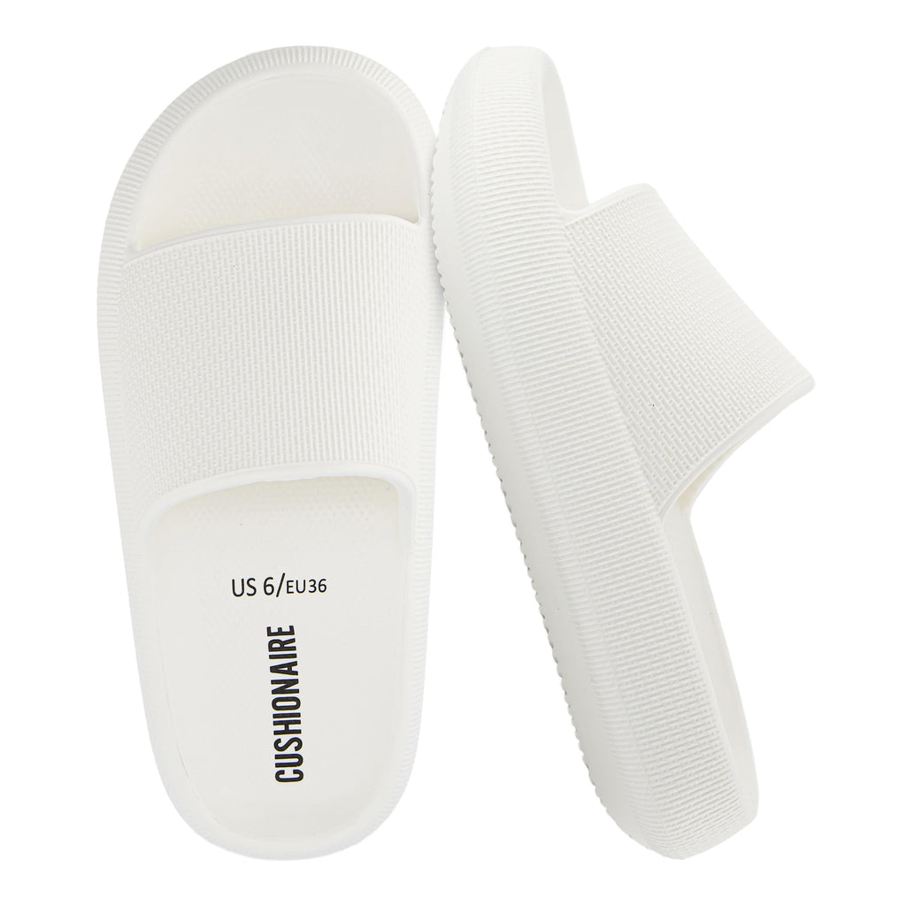 CUSHIONAIRE Feather EVA Slides for Women – Comfortable Slip On Womens Slippers, Indoor Outdoor Shower Shoes, Beach Essential Cloud Slides