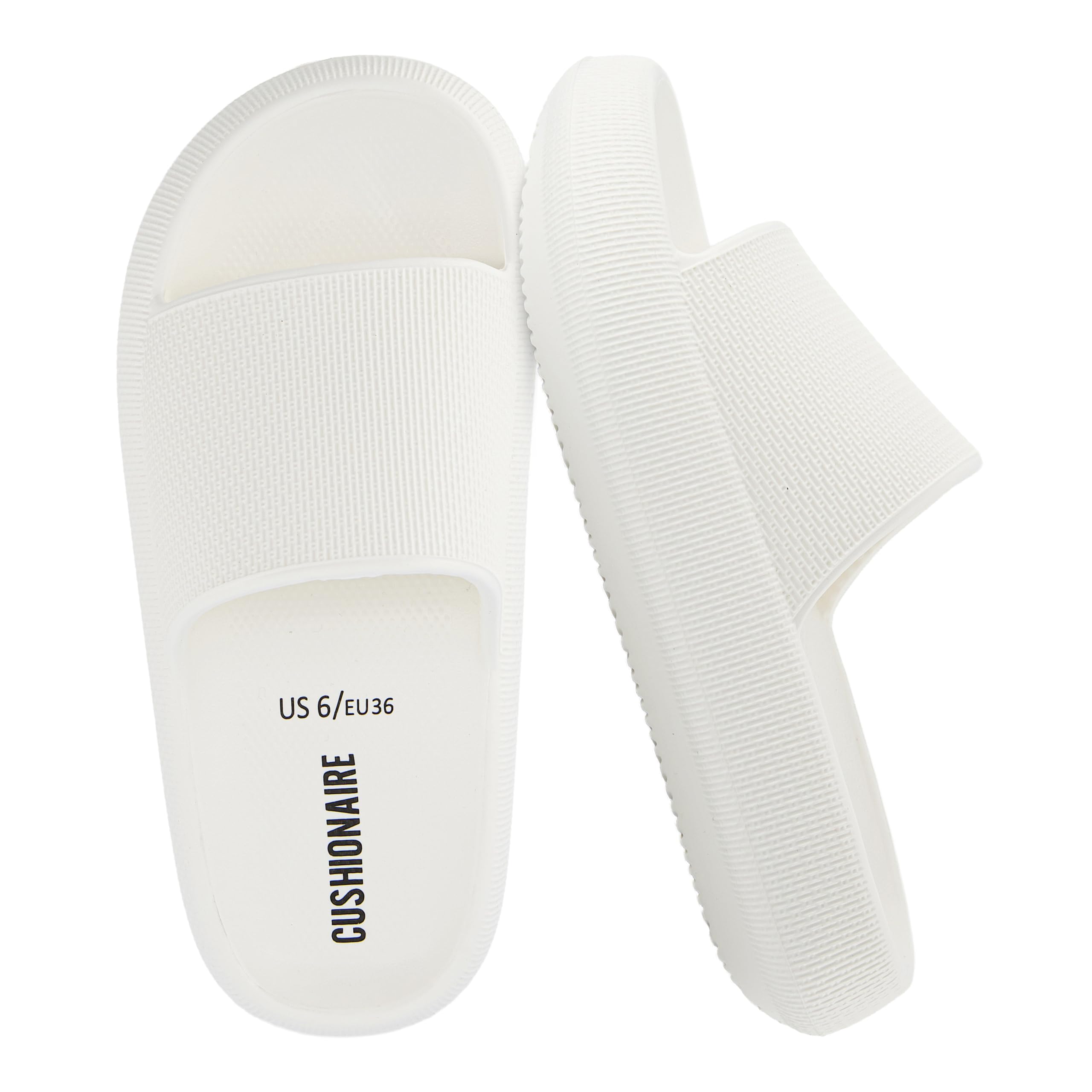 CUSHIONAIRE Feather EVA Slides for Women – Comfortable Slip On Womens Slippers, Indoor Outdoor Shower Shoes, Beach Essential Cloud Slides