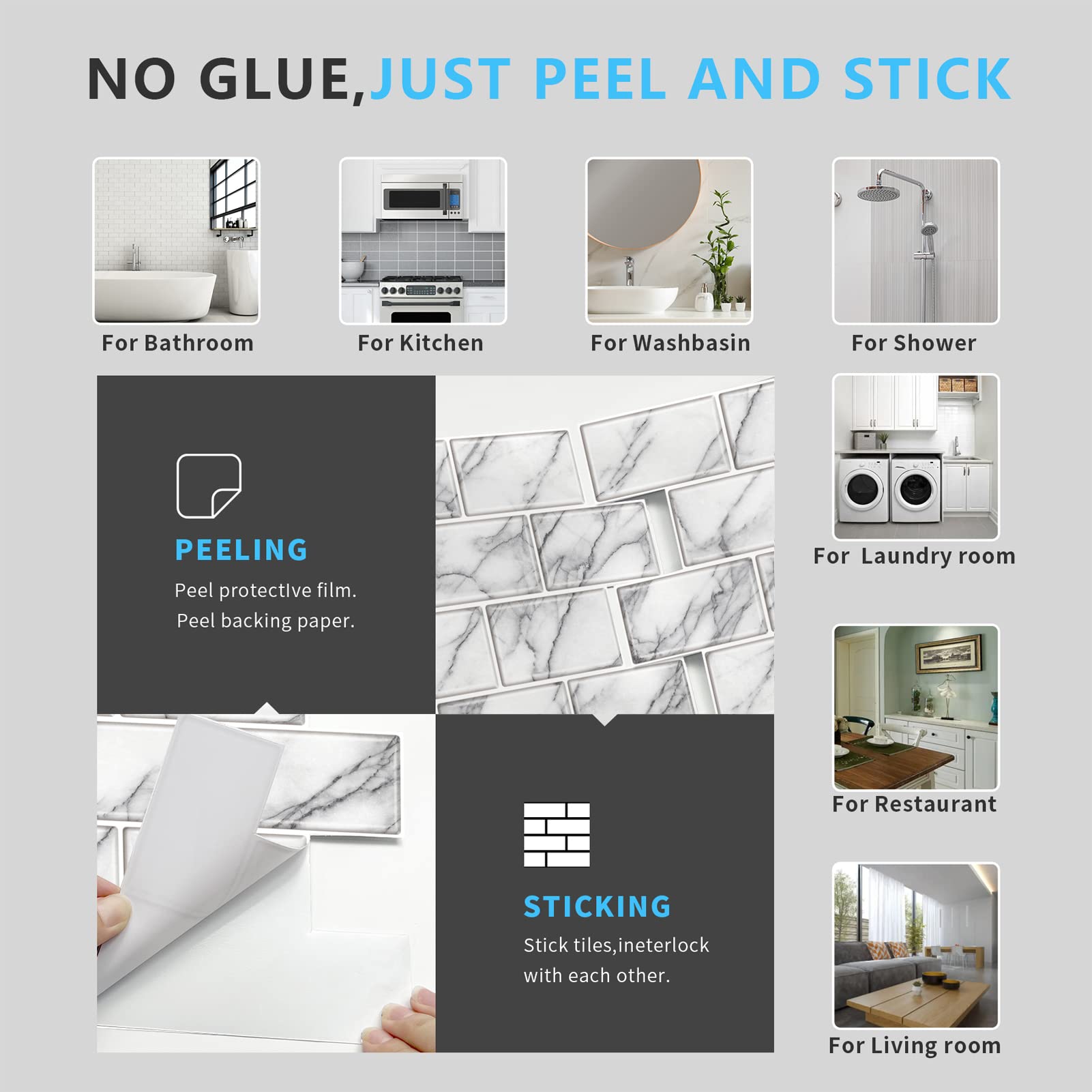 URCOLOR 10-Sheet Back Splashes for Kitchens Peel and Stick,12"x12" Self Adhesive Subway Wall Tiles Stick on backsplash Tiles for Bathroom Black Marble