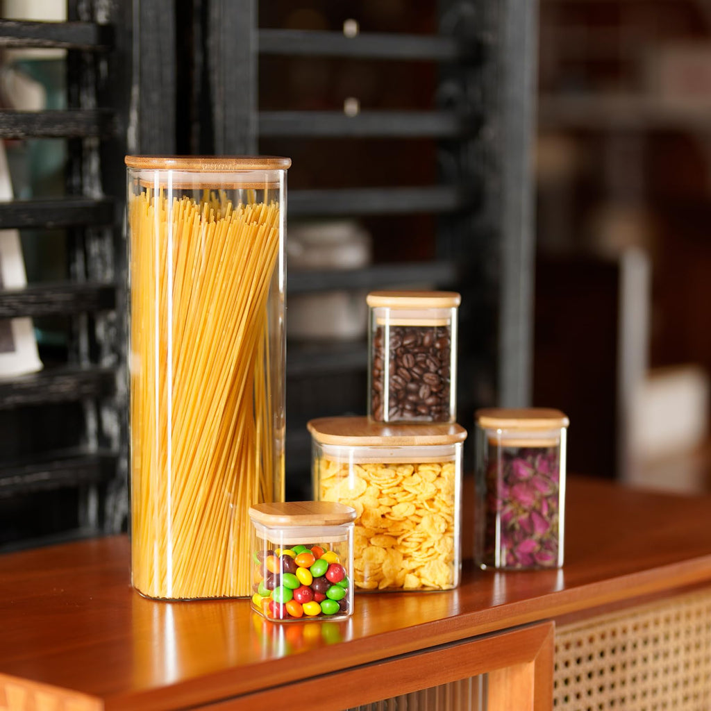 SHOWIN 73oz Glass Pasta Storage Jars, Tall Glass Jars with Bamboo Lids, Spaghetti Container, Set of 3, Kitchen Storage Containers for Pasta, Pantry Organizers
