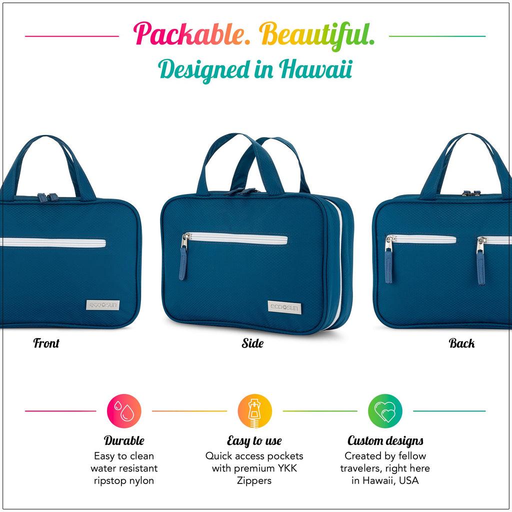 Eco Sun Hanging Travel Toiletry Bag — Designed in Hawaii — Water-resistant Travel Organizer for Bathroom Accessories (Black)