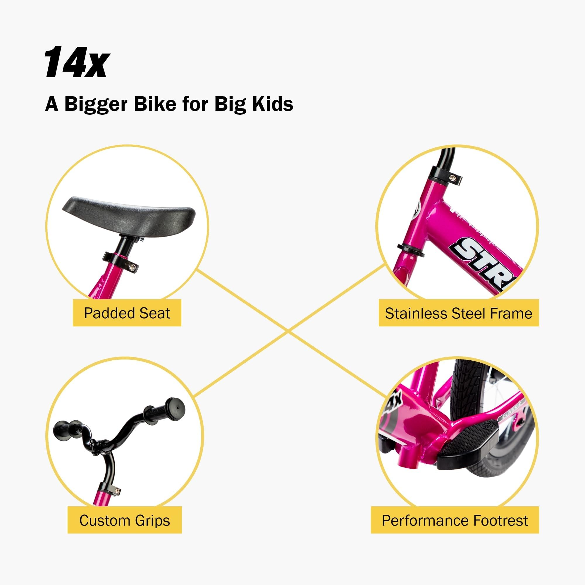 Strider 14x Classic, Balance Bike for Kids 3 to 6 Years - Includes Kid Sized Grips, Padded Seat, Performance Footrest, All-Purpose Tires-Easy Assembly, Tool-Free Adjustments