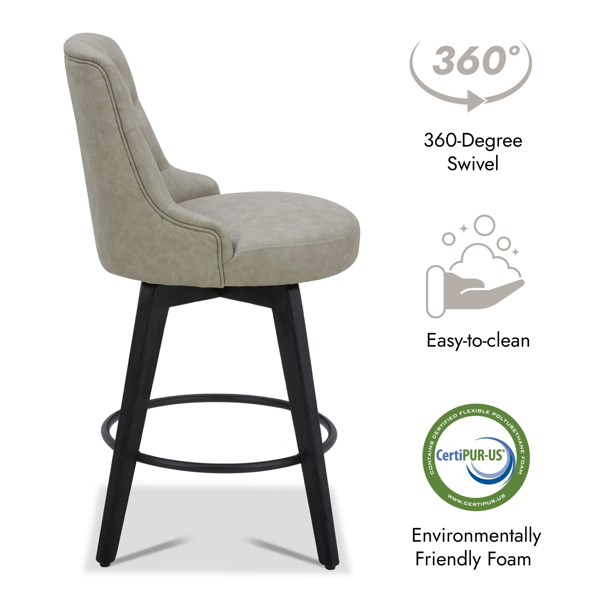 Watson & Whitely Counter Height Bar Stools, Performance Fabric Upholstered Modern Swivel Barstool with Back, Solid Wood Legs, 26" H Seat, Flint Grey