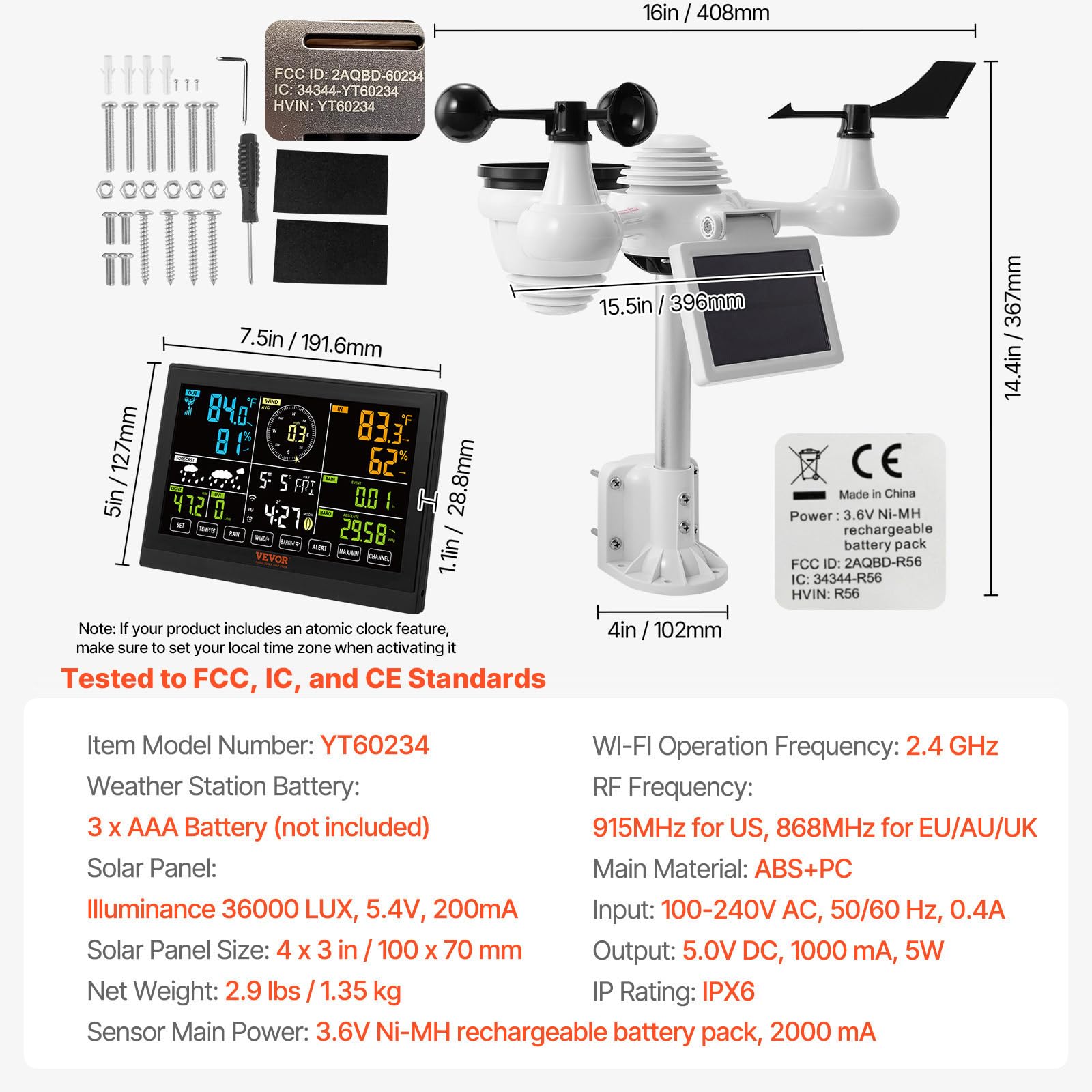 VEVOR 5-in-1 Wireless Weather Station, 7.5-Inch VA Display, Solar Powered Outdoor Sensor, Rain Gauge, Indoor Outdoor for Weather Forecast, Temperature, Humidity, Wind Speed and Direction (No WiFi)