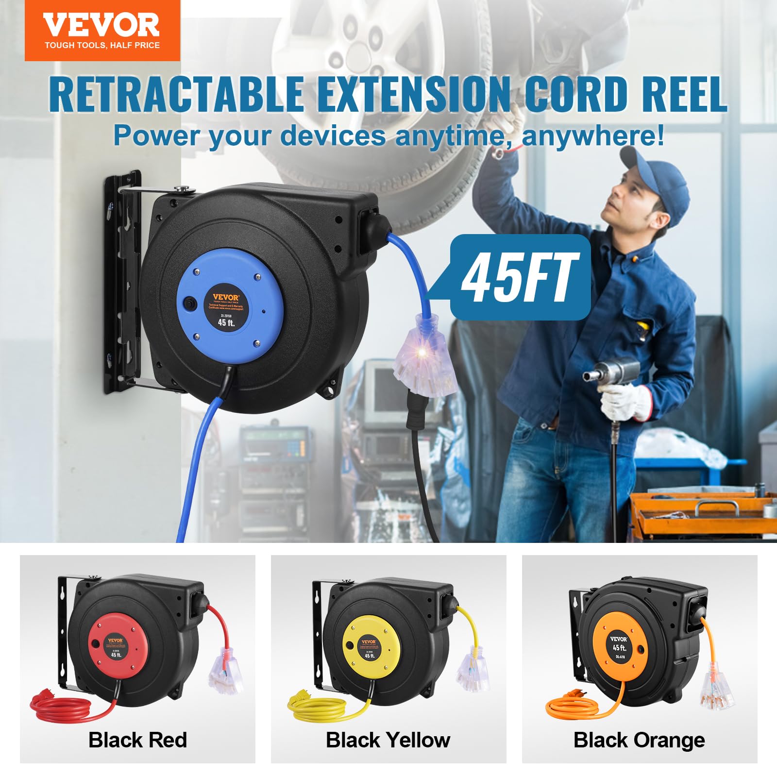VEVOR Retractable Extension Cord Reel, 30 FT, Heavy Duty 16AWG/3C SJTOW Retractable Power Cord Reel with Lighted Triple Tap Outlet 10 Amp Circuit Breaker 4.5FT Lead-in Cord, for Ceiling or Wall Mount