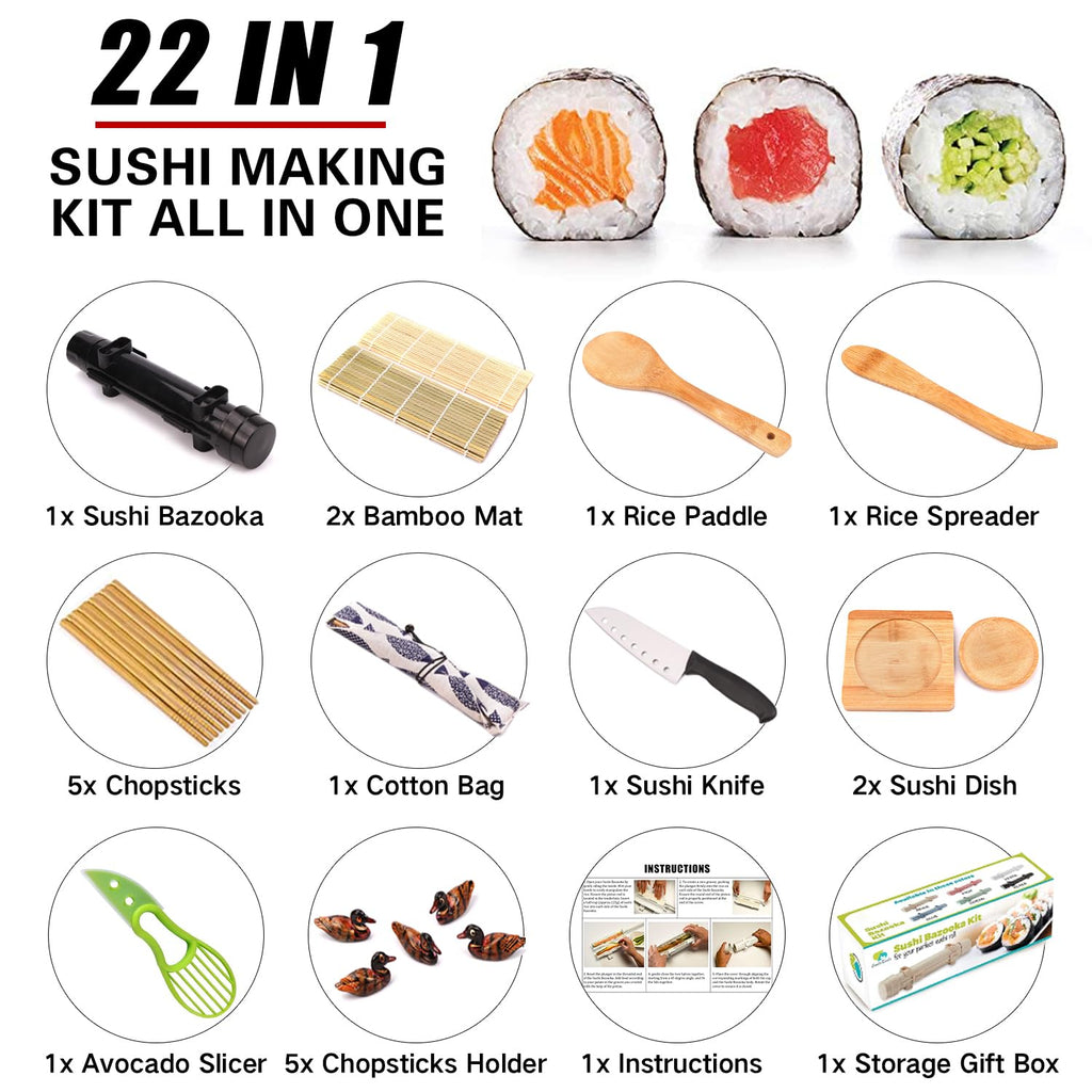 SmileTools Sushi Making Kit, 22pcs Roller Maker for Beginners With Guide Book, Bazooka, Knife, Mat, Avocado Slicer, Chopsticks, Sauce Dishes & More - Sushi Lover's Gift