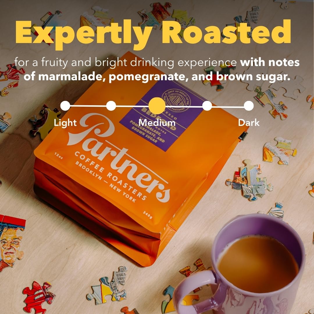 PARTNERS COFFEE ROASTERS - Whole Bean Coffee (Bedford - Espresso, Medium Roast) 12oz - Fruity, Complex, Espresso - Whole Coffee Beans - Lab Tested for Mycotoxins & Heavy Metals - Hand Roasted in NYC