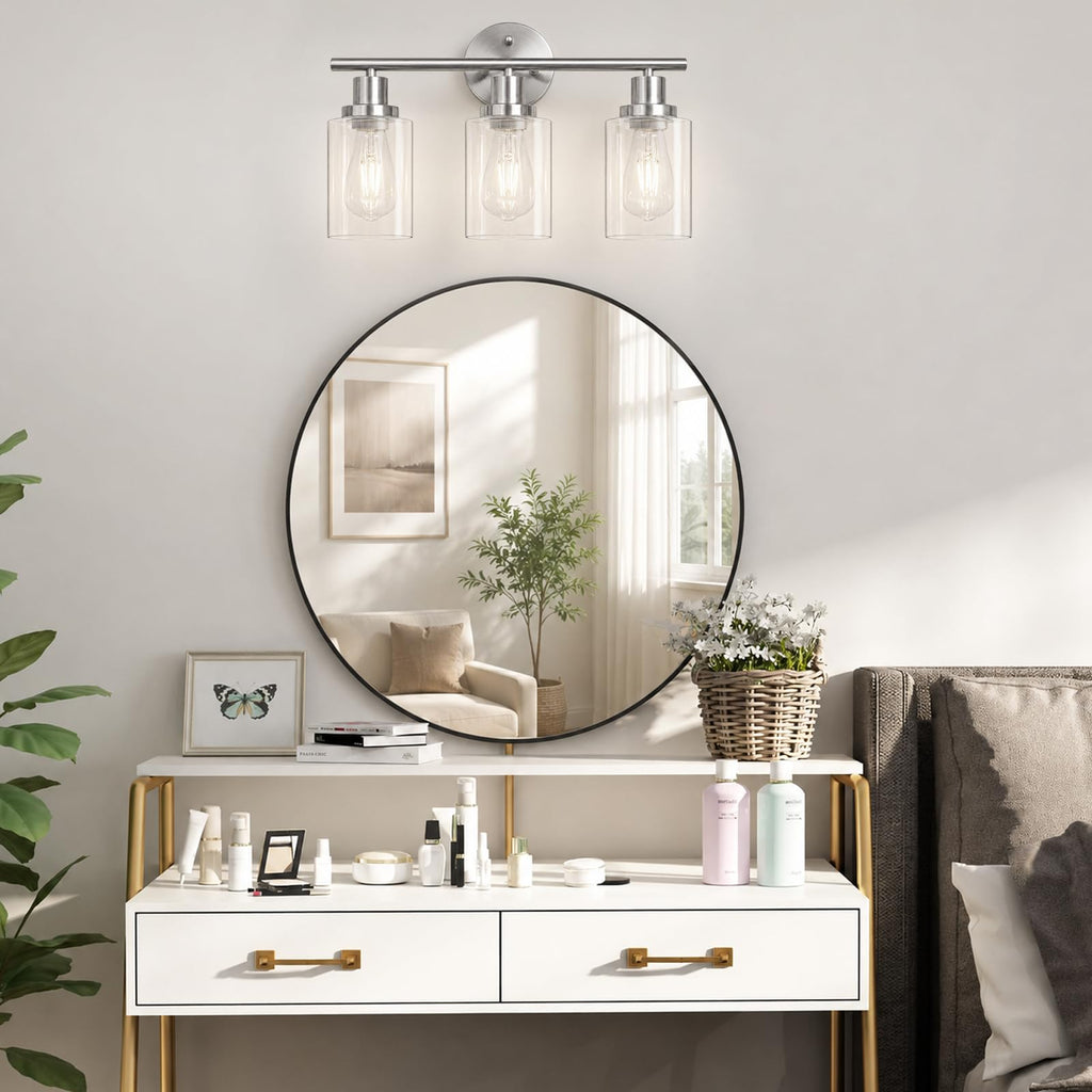 Unicozin 2 Pack Modern Bathroom Light Fixtures, 3 Light Vanity Lights, Black Wall Lamp with Clear Glass for Bathroom, Mirror, Living Room, Bedroom, Hallway, E26 Base
