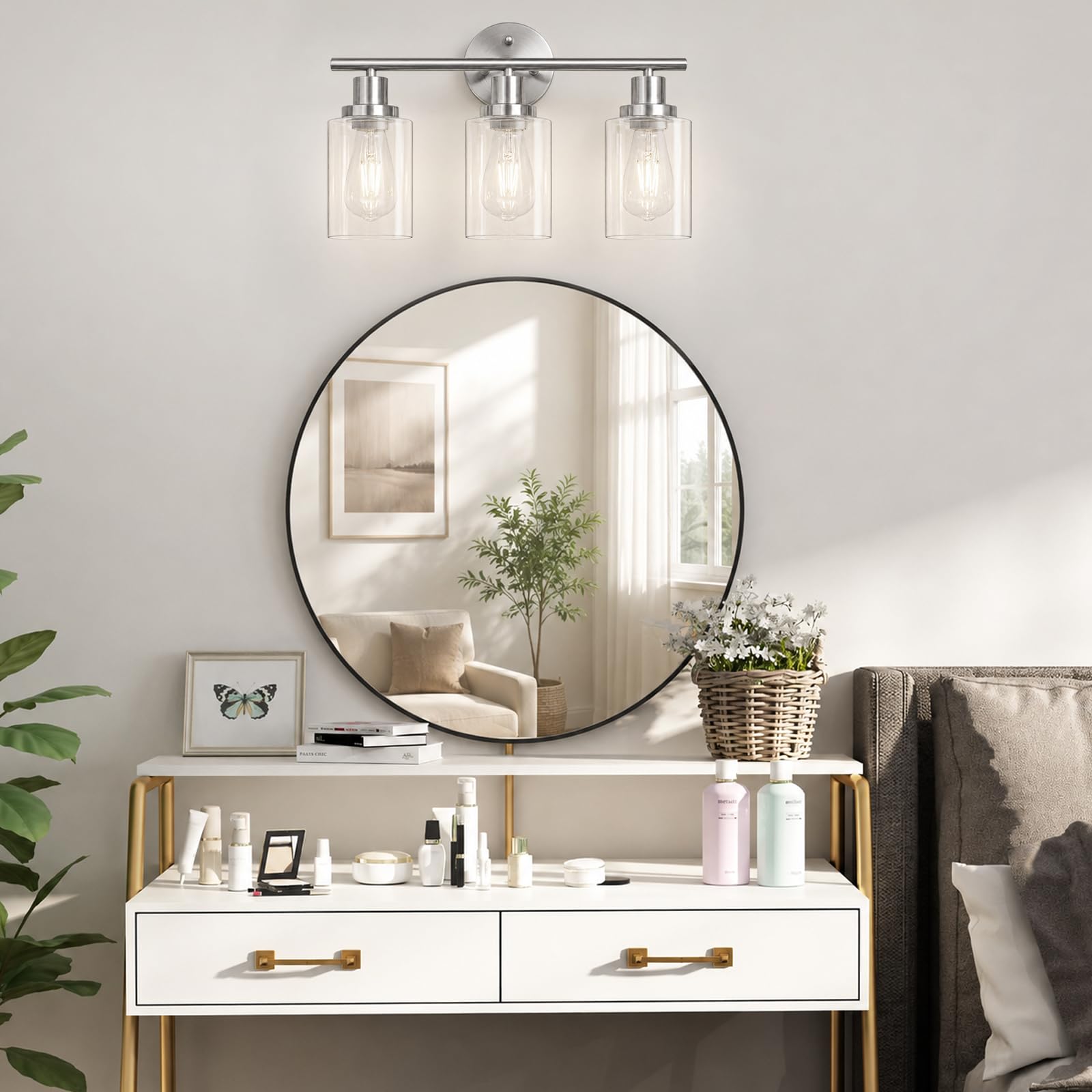 Unicozin 2 Pack Modern Bathroom Light Fixtures, 3 Light Vanity Lights, Black Wall Lamp with Clear Glass for Bathroom, Mirror, Living Room, Bedroom, Hallway, E26 Base