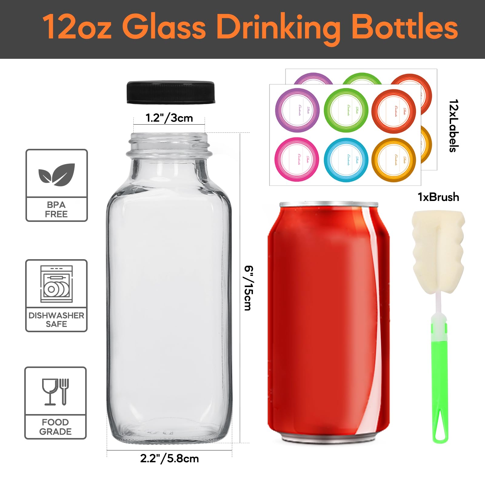 STARSIDE 8 oz Glass Juice Bottles with Lids 12 Pack - Square Reusable Drinking Jars for Juicing, Milk, Kombucha - Includes 1 Bottle Brush, 12 Colored Labels
