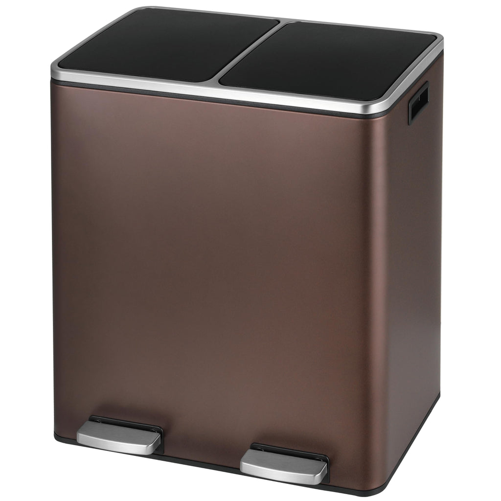 Arlopu Dual Trash Can, 2 x 8 Gallon (2 x 30 L) Hands-Free Trash and Recycle Bin Combo, Stainless Steel Kitchen Garbage Can with Soft-Close Lid, Removable Inner Buckets, Step Pedal, Airtight (Black)