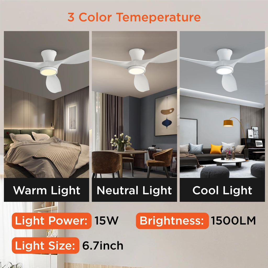 TALOYA Ceiling Fans with Lights,42 inch Modern Low Profile Ceiling Fan with Light and Remote Control, Flush Mount, 3CCT, White Ceiling Fan for Bedroom Living Room and Patio