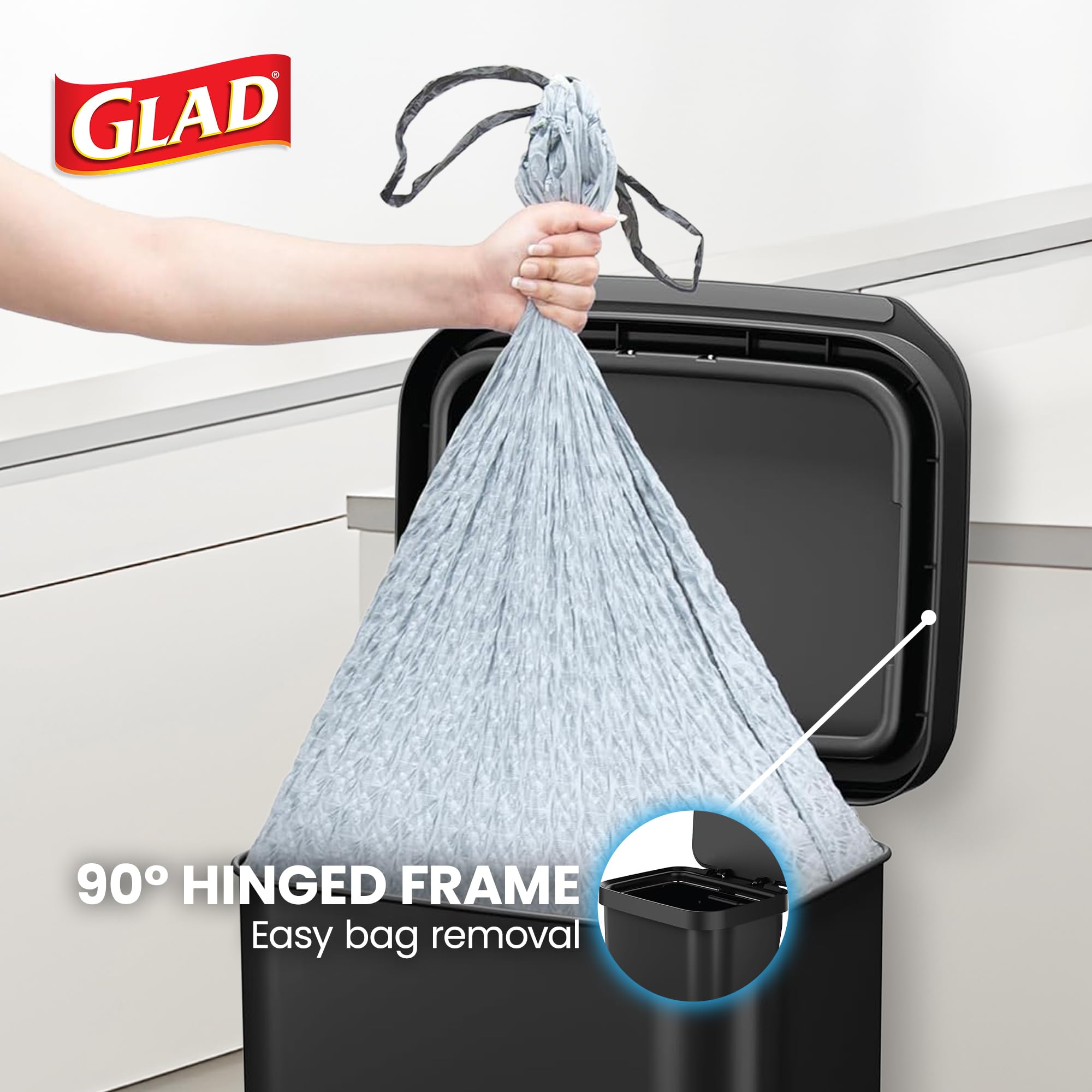 Glad 13 Gallon All Brushed Stainless Steel Trash Can with Clorox Odor Protection | Large Metal Kitchen Garbage Bin with Soft Close Lid, Garbage Bag Rings, Step On Foot Pedal and Waste Bag Roll Holder