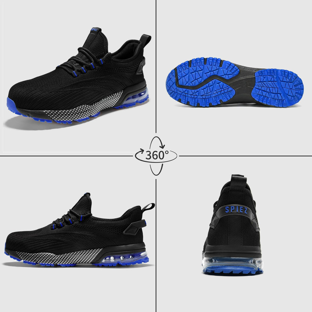 SPIEZ Composite Toe Shoes for Men Women, Lightweight Breathable Non Steel Toe Safety Shoes, Puncture Proof Slip Resistant Work Sneakers for Construction,Warehouse,Black Blue/Black Yellow
