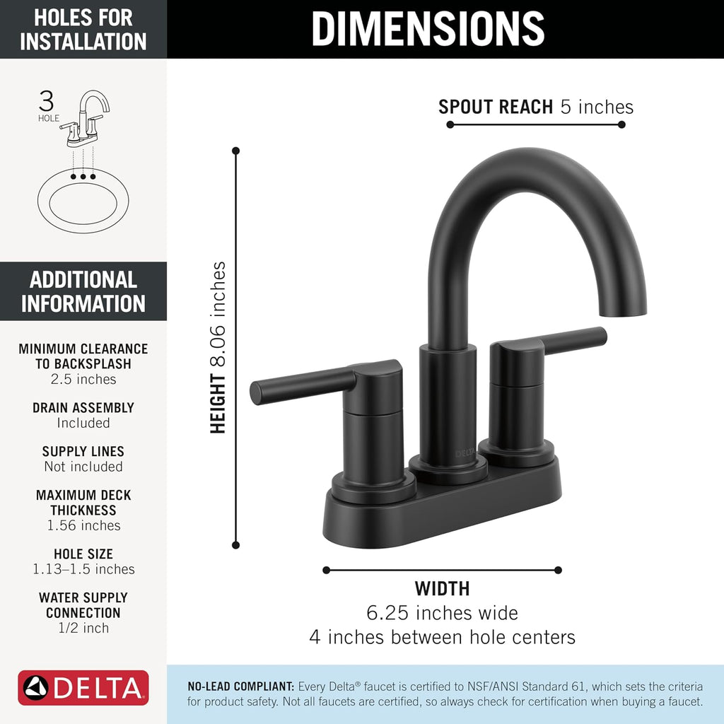 Delta Nicoli Centerset Matte Black Bathroom Faucet, 4 Inch 3 Hole Bathroom Sink Faucet for Vanity, Push-Pop Drain Assembly, Matte Black 25749LF-BL