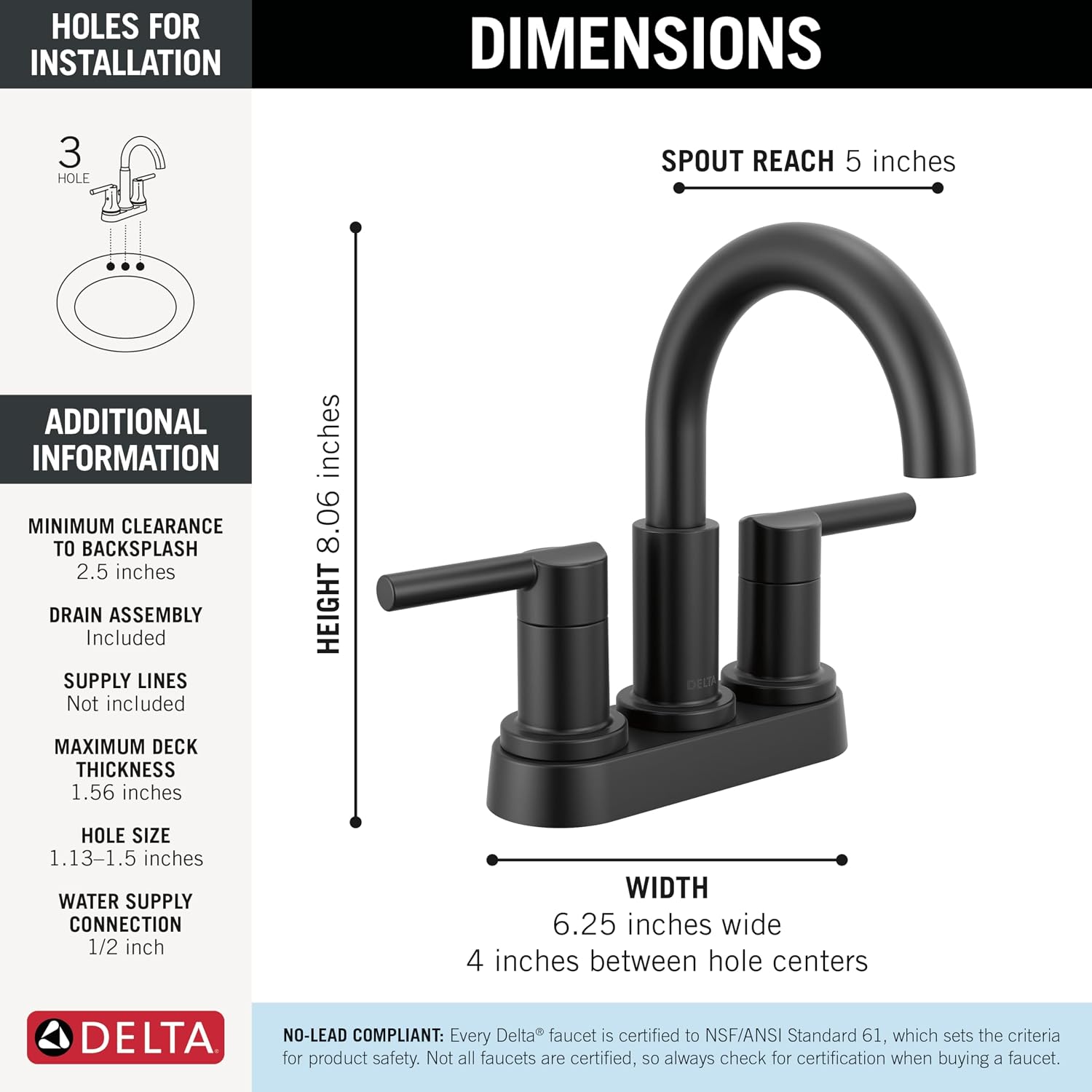 Delta Nicoli Centerset Matte Black Bathroom Faucet, 4 Inch 3 Hole Bathroom Sink Faucet for Vanity, Push-Pop Drain Assembly, Matte Black 25749LF-BL