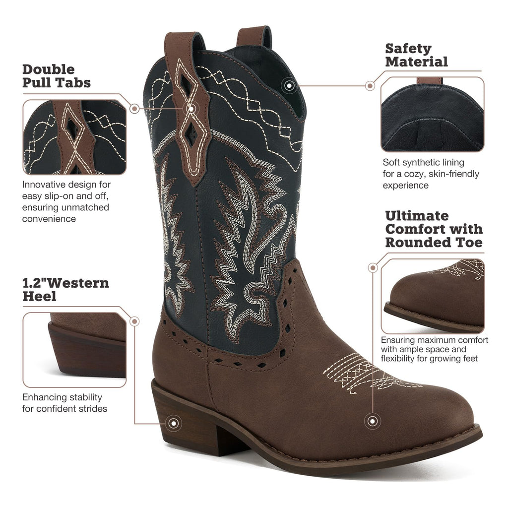 Rollda Kids Cowboy Boots Western Round Toe Cowgirl Boots for Boys Girls Toddler/Little Kid/Big Kid