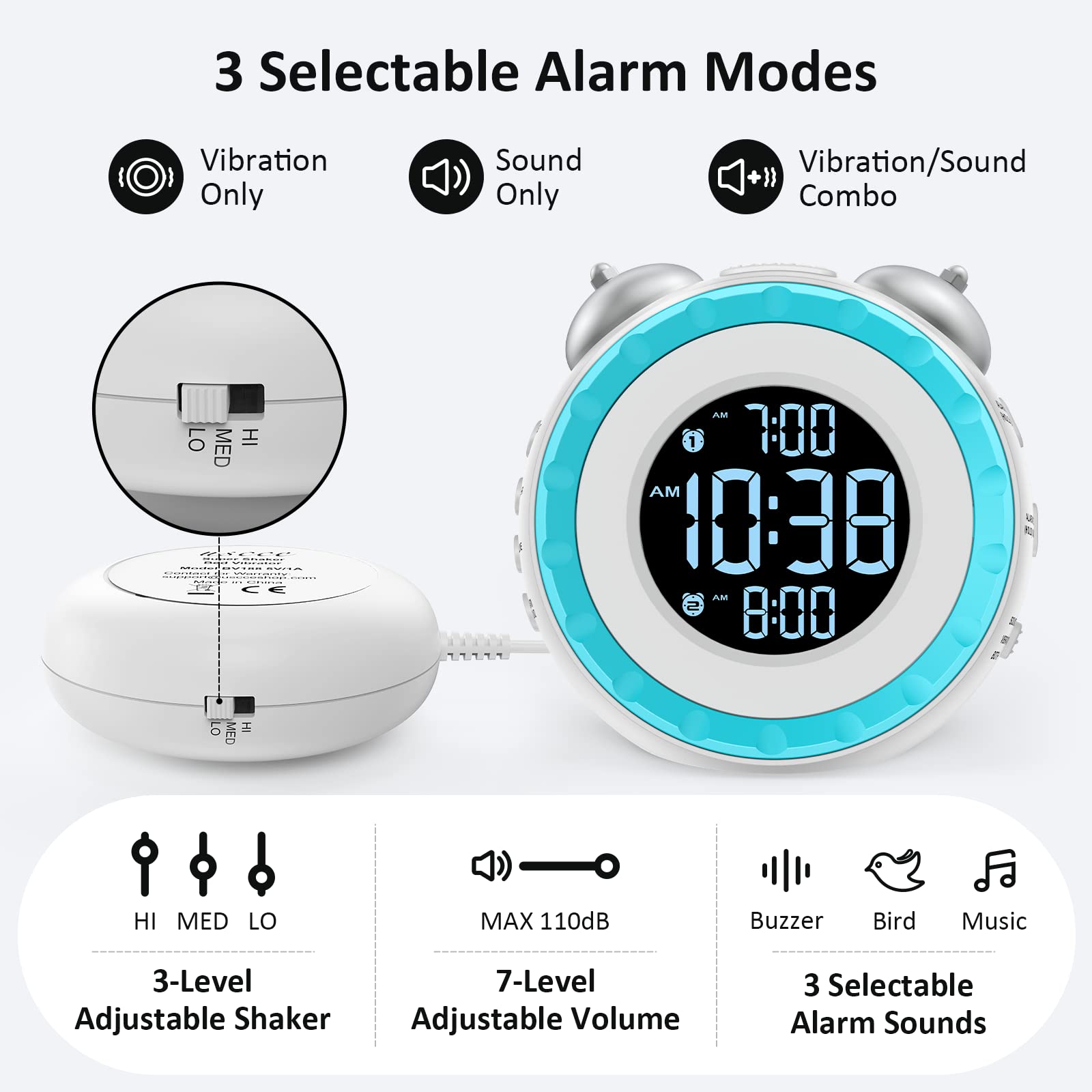 uscce Loud Dual Alarm Clock with Bed Shaker - 0-100% Dimmer, Vibrating Alarm Clock for Heavy Sleepers or Hearing Impaired, Easy to Set, USB Charging Port, Snooze, Battery Backup