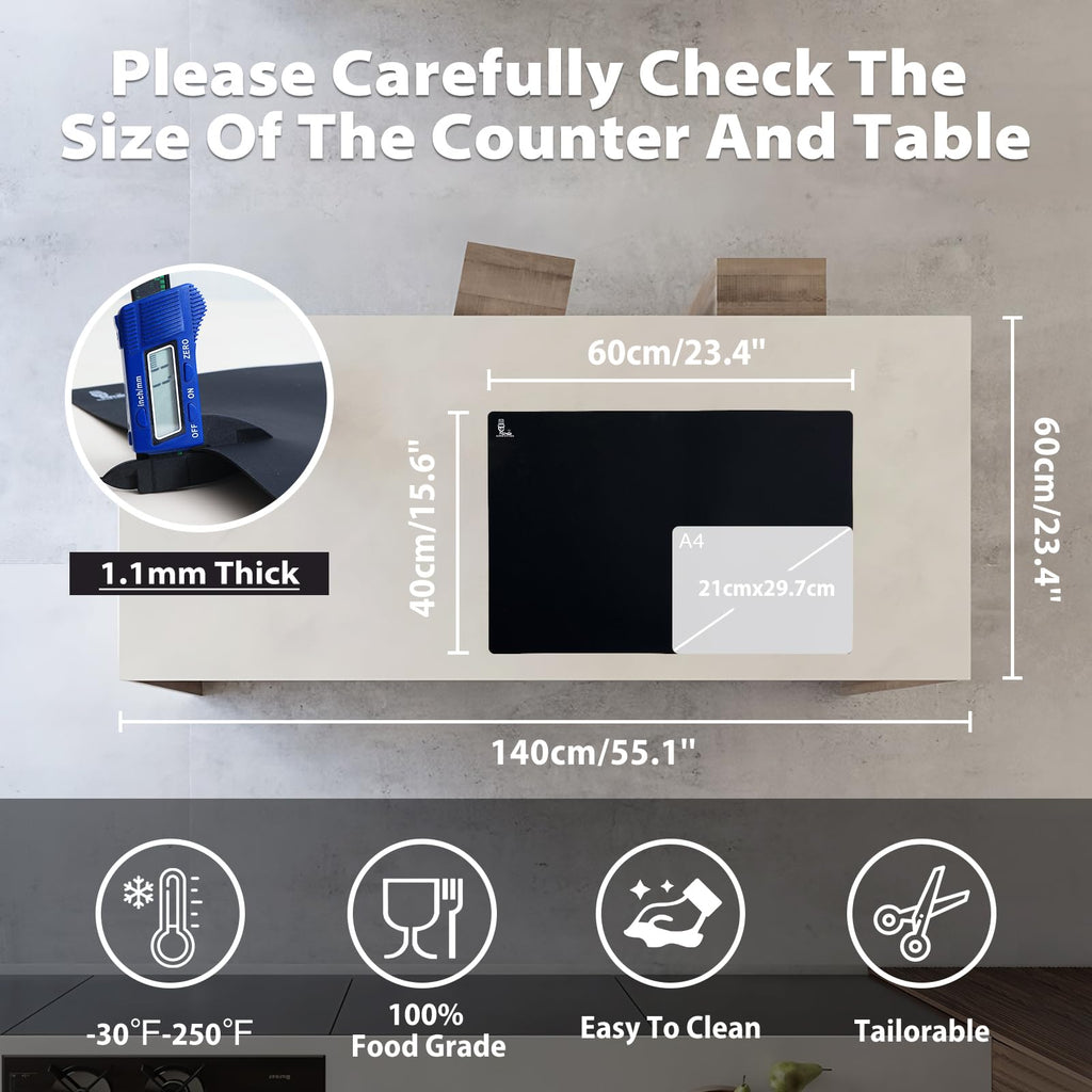 Thick Silicone Counter Mat Large 23.4"by15.6", Heat Resistant Mat for Kitchen Table/Countertop Protector/Non Stick Pastry Baking Placemats, Silicone Pad for Crafts Kids, Super Kitchen Black