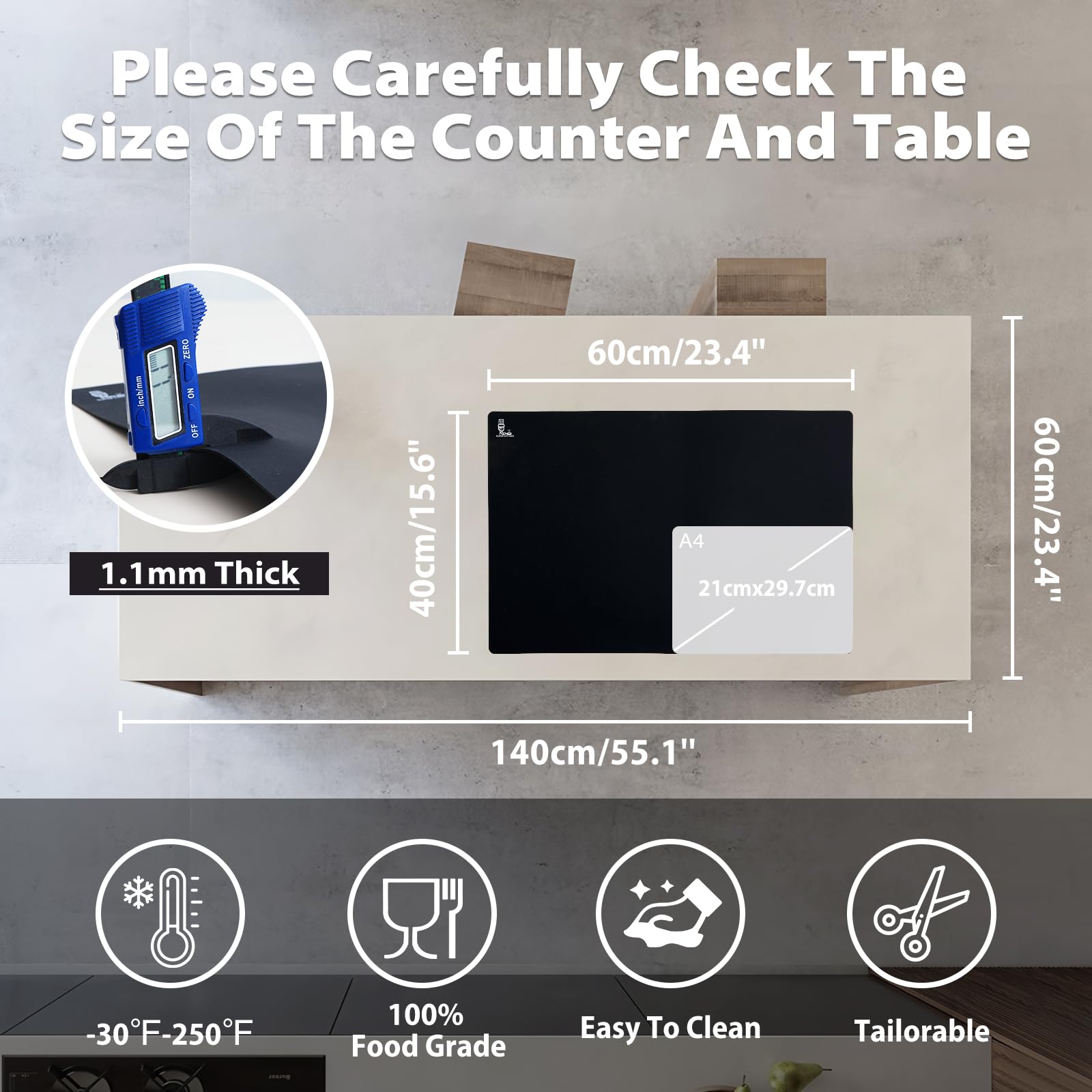 Thick Silicone Counter Mat Large 23.4"by15.6", Heat Resistant Mat for Kitchen Table/Countertop Protector/Non Stick Pastry Baking Placemats, Silicone Pad for Crafts Kids, Super Kitchen Black