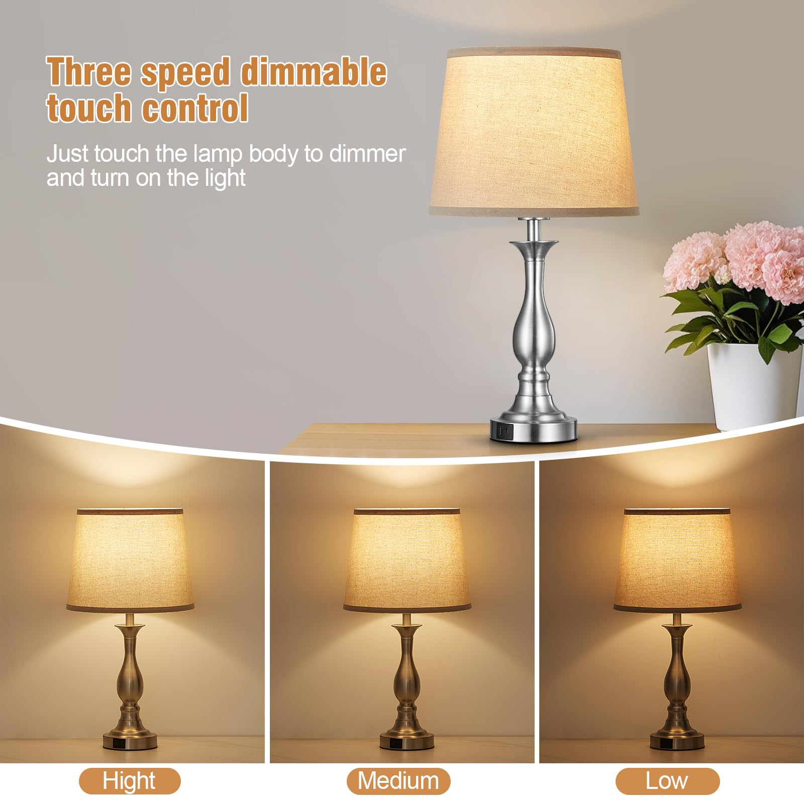 Bedside Table Lamp Touch Control Bedroom Lamps with USB A and C Charging Port 3 Way Dimmable Touch Lamps for Nightstand Living Room Bedroom Dorm Home Office Reading, Set of 2