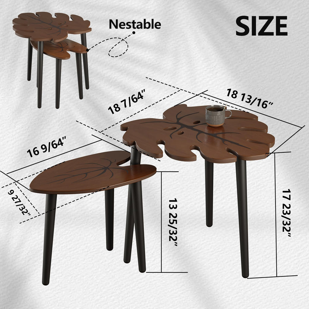 BAMEOS Monstera Leaf Nesting Tables Set of 2, Small Side Tables f Set with Leaf Vein Pattern, Modern Wooden CoffeeTables for Living Room Bedroom Apartment Balcony Yard