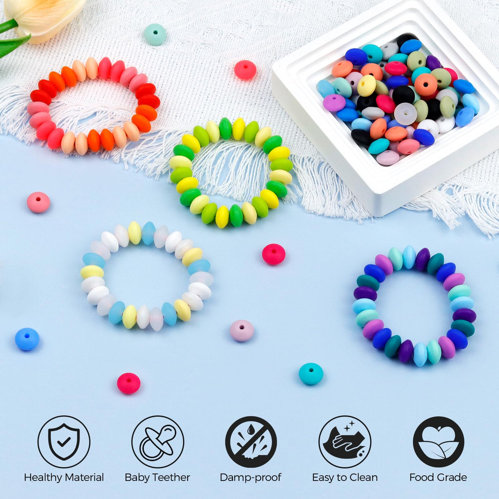 FIVEIZERO 180PCS Silicone Lentil Beads,12mm Spacer Beads | Flexible Silicone, 2mm Hole Design, Easy to Thread, Fade Resistant, Easy to Clean