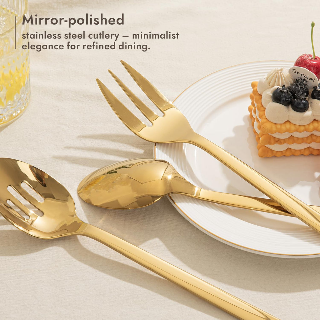 KINGSTONE Large Hostess Gold Serving Utensils Set,18/10 Stainless Steel Heavy Duty 10inch Serving Spoons,Slotted Spoons,Serving Fork,Serving Tongs, Cake Pie Server For Buffet, Wedding, Party