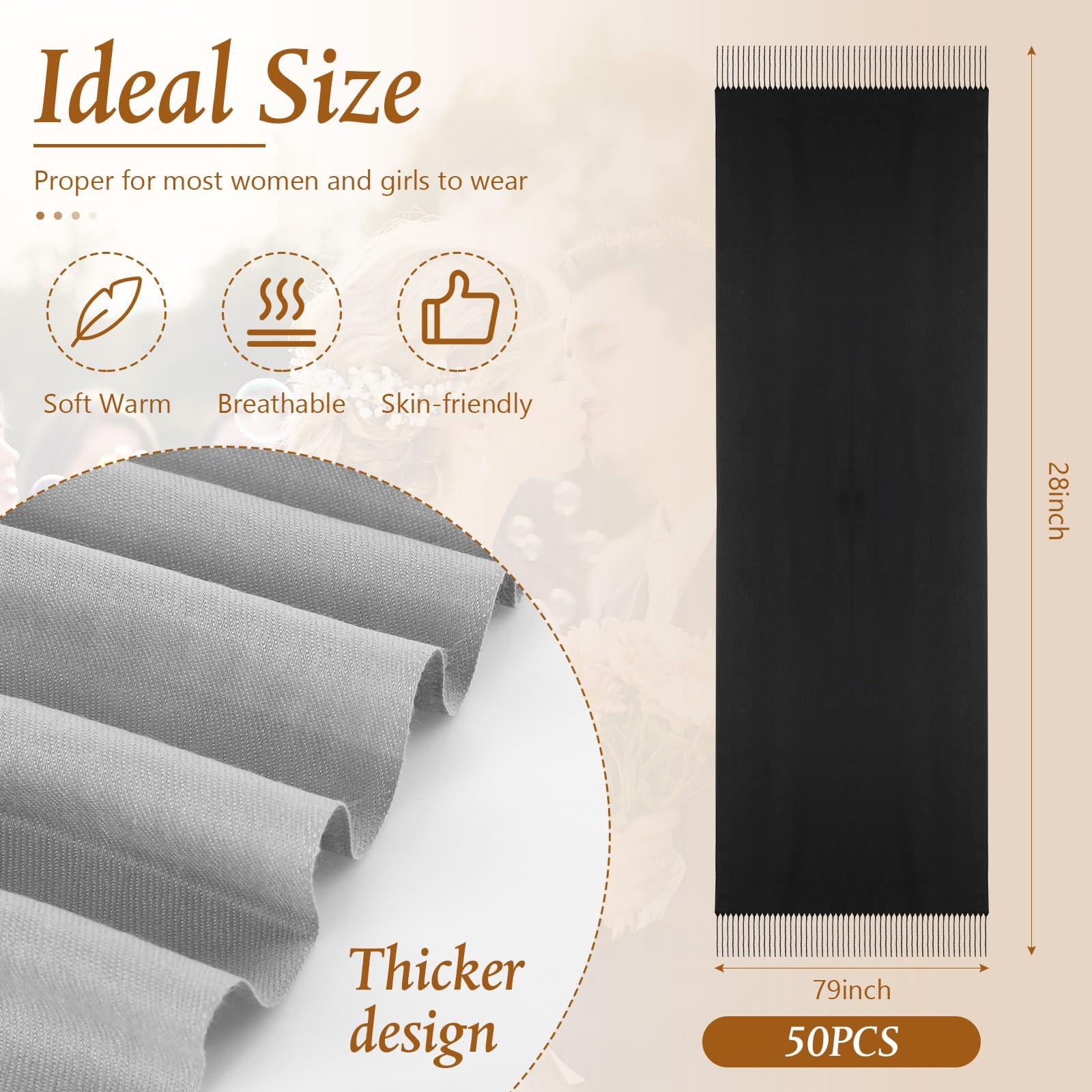 Ramede 50/100 Bulk Wedding Shawl Scarf for Women 79 x 28 Guests Shawl Wraps Gifts for Women Bridal Shawls with Thank Cards