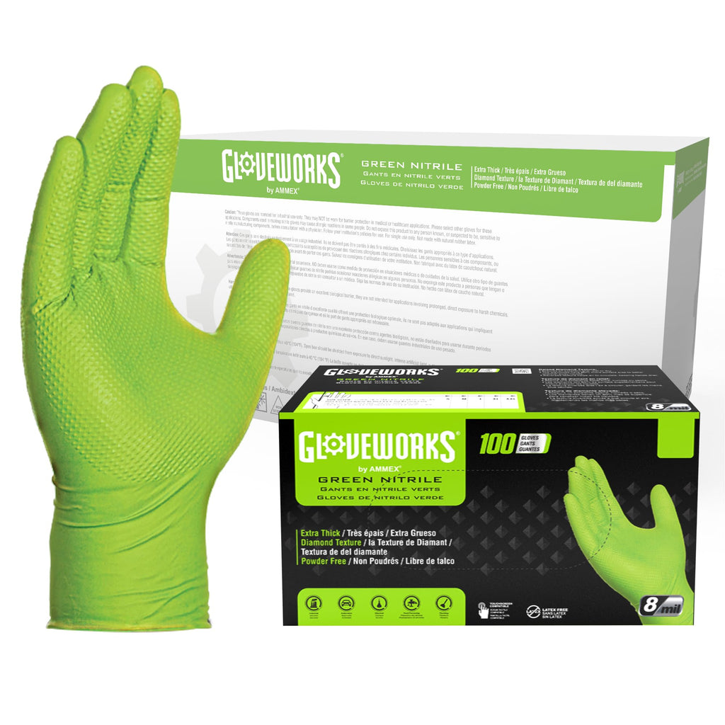 GLOVEWORKS HD Green Gloves, 8 Mil Nitrile Disposable Heavy Duty Raised Diamond Grip Mechanic Glove, Bulk Purchasing Options